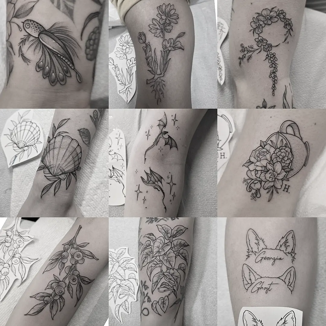 Floral arrangement black and grey tattoo on the forearm by Dani Bond