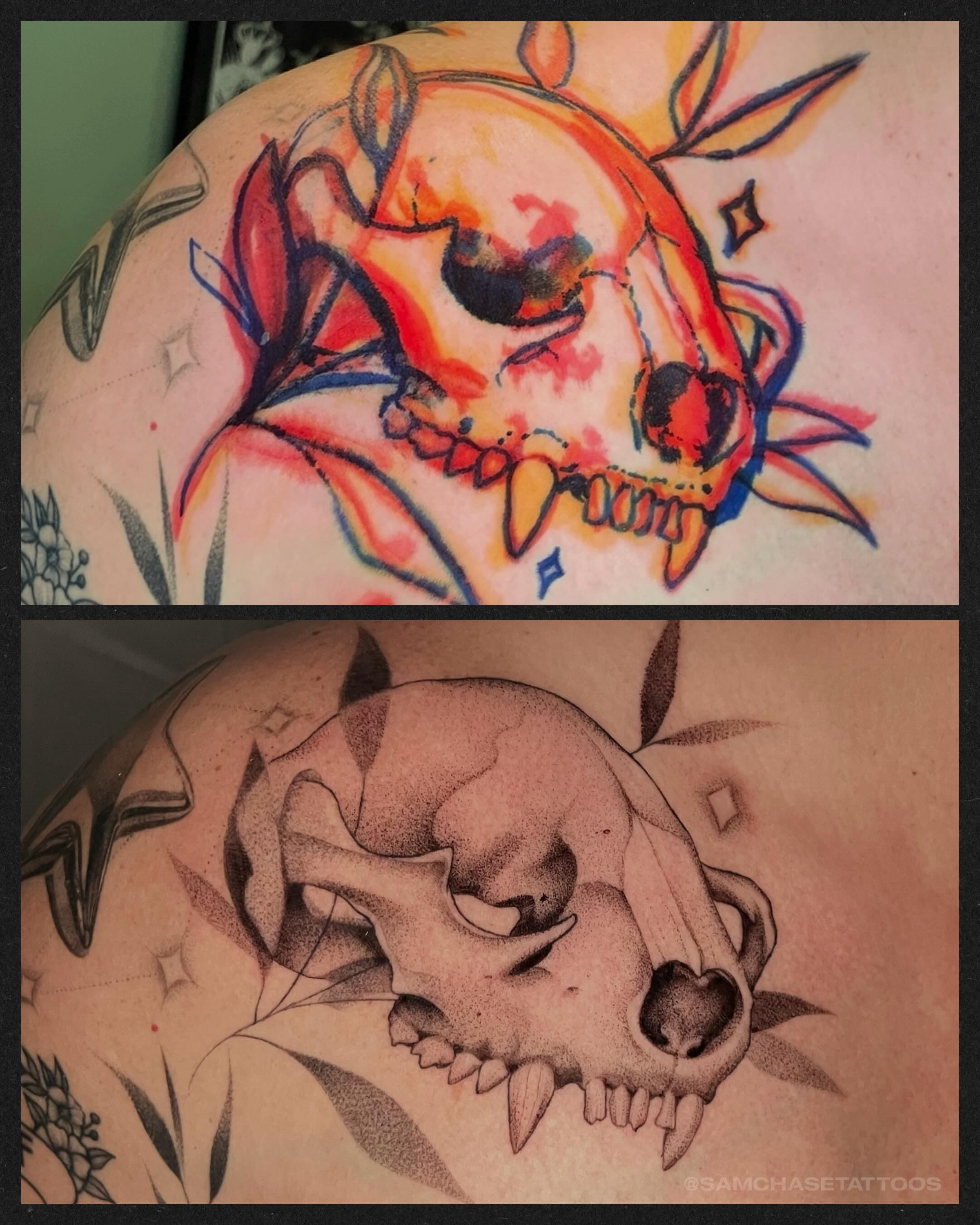 Skull dotwork tattoo on the shoulder by Sam chase, Naperville, Illinois