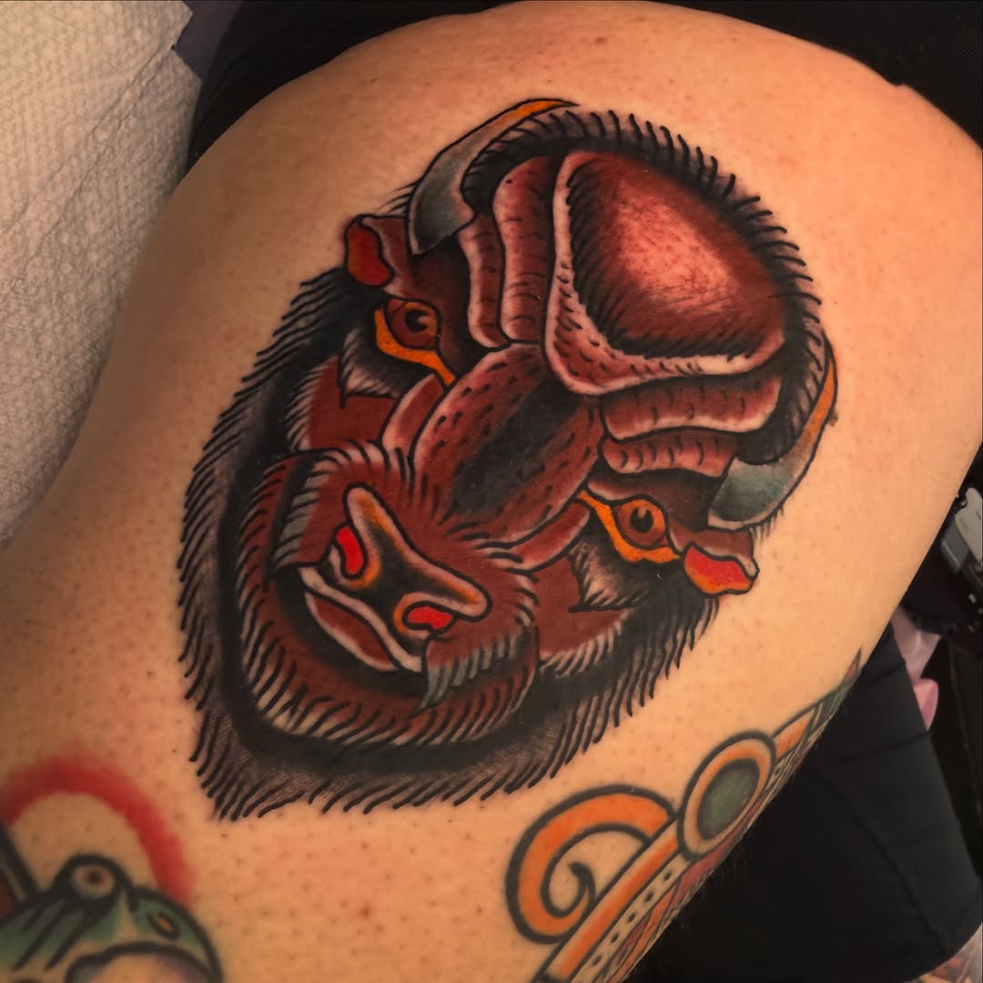 Ram head American traditional tattoo on the shoulder by Ramón Silva