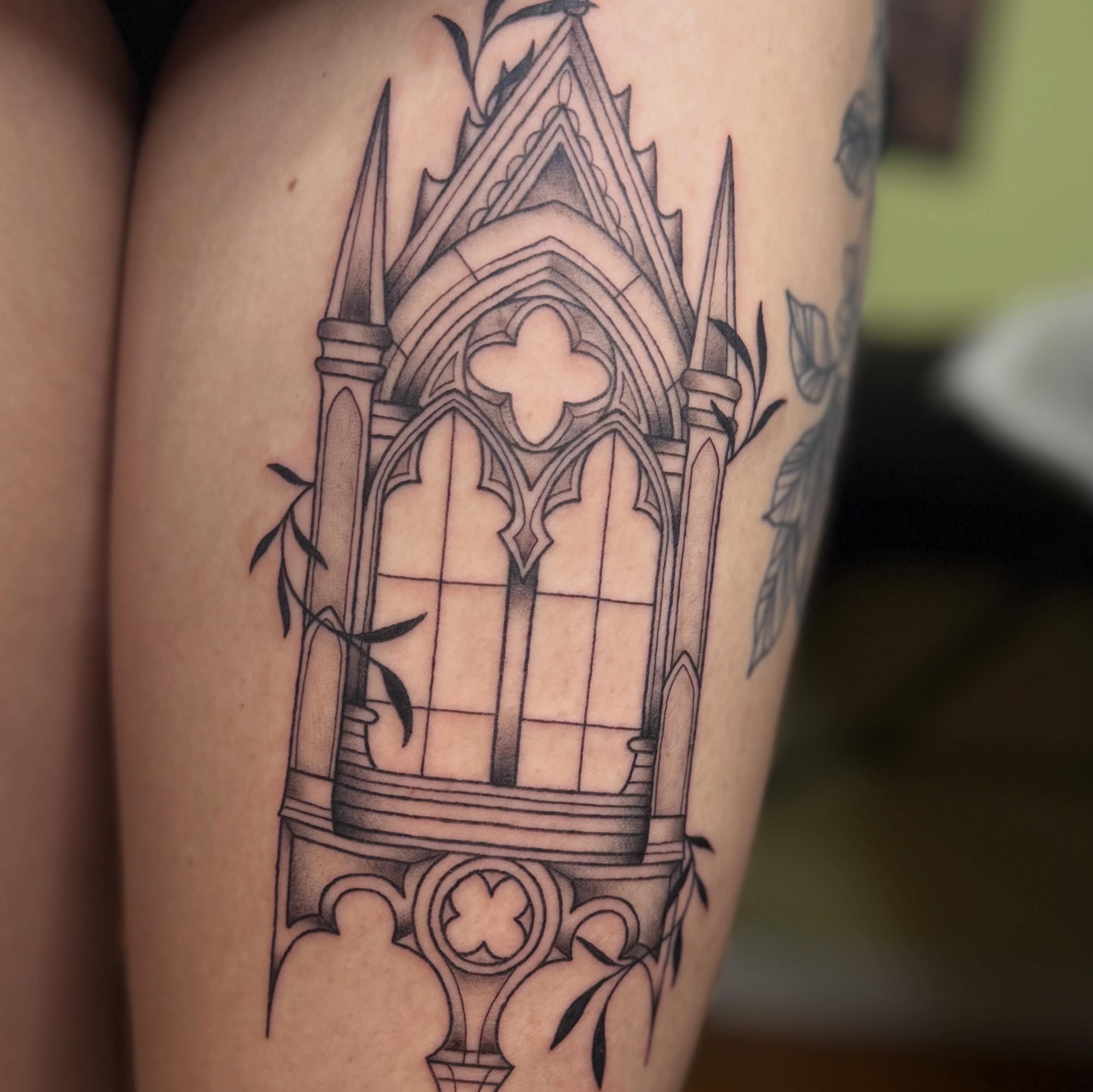 Gothic window black and grey tattoo on the thigh by Rebecca (Becca) Ray