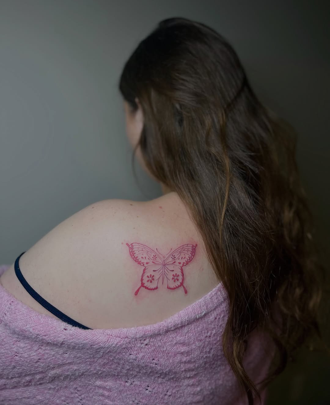 Butterfly with floral patterns fine line tattoo on the shoulder by brinley - fine line tattoos, Crescent Springs, Kentucky