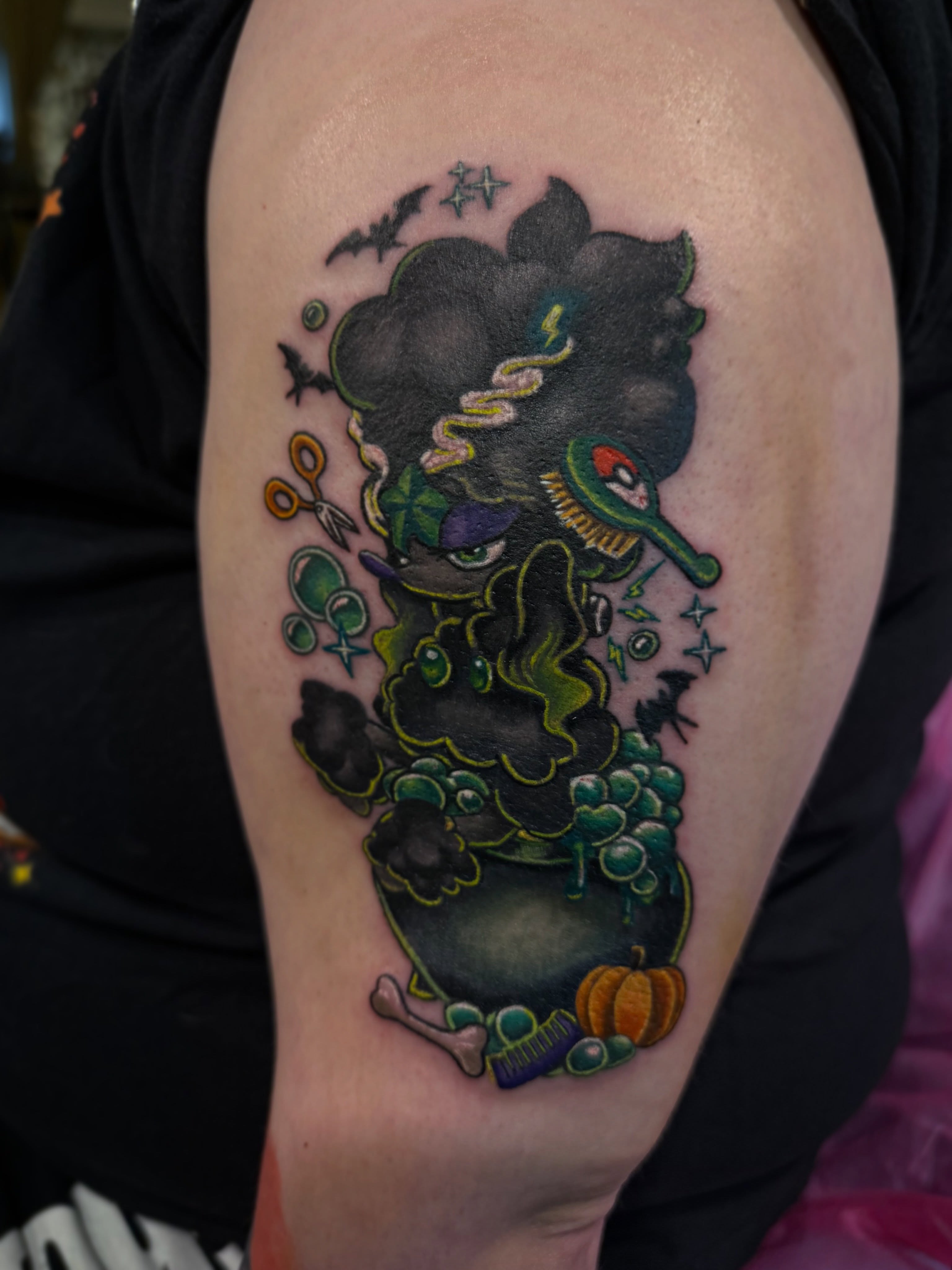 Witch new school tattoo on the thigh by Alexandra Fische