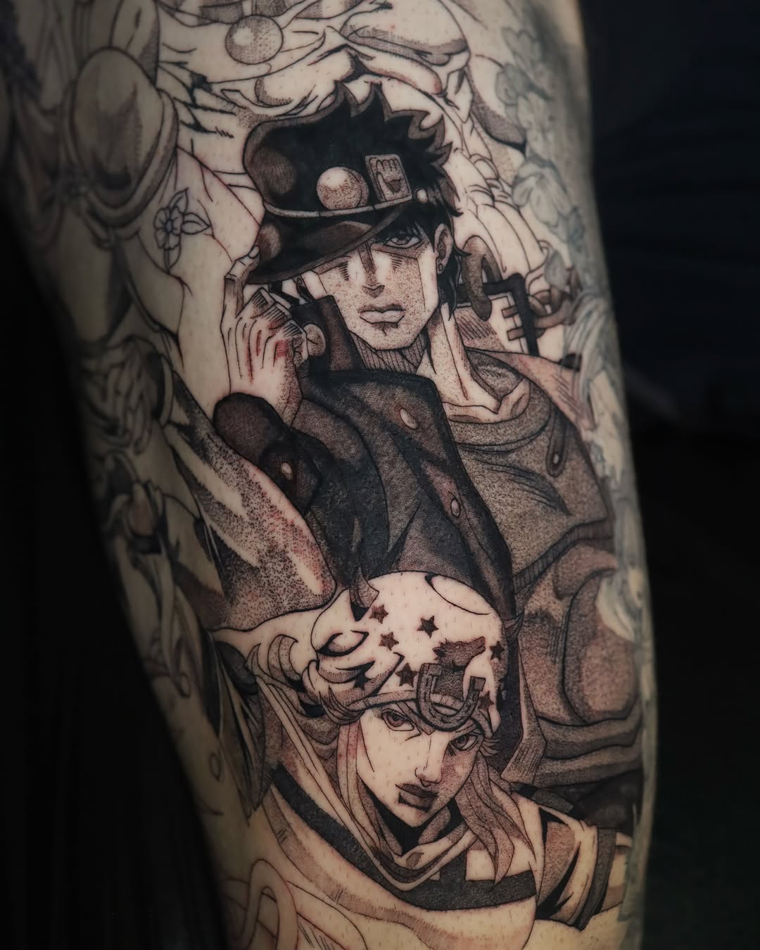 Anime characters dotwork tattoo on the thigh by Dana, Phoenix, Arizona