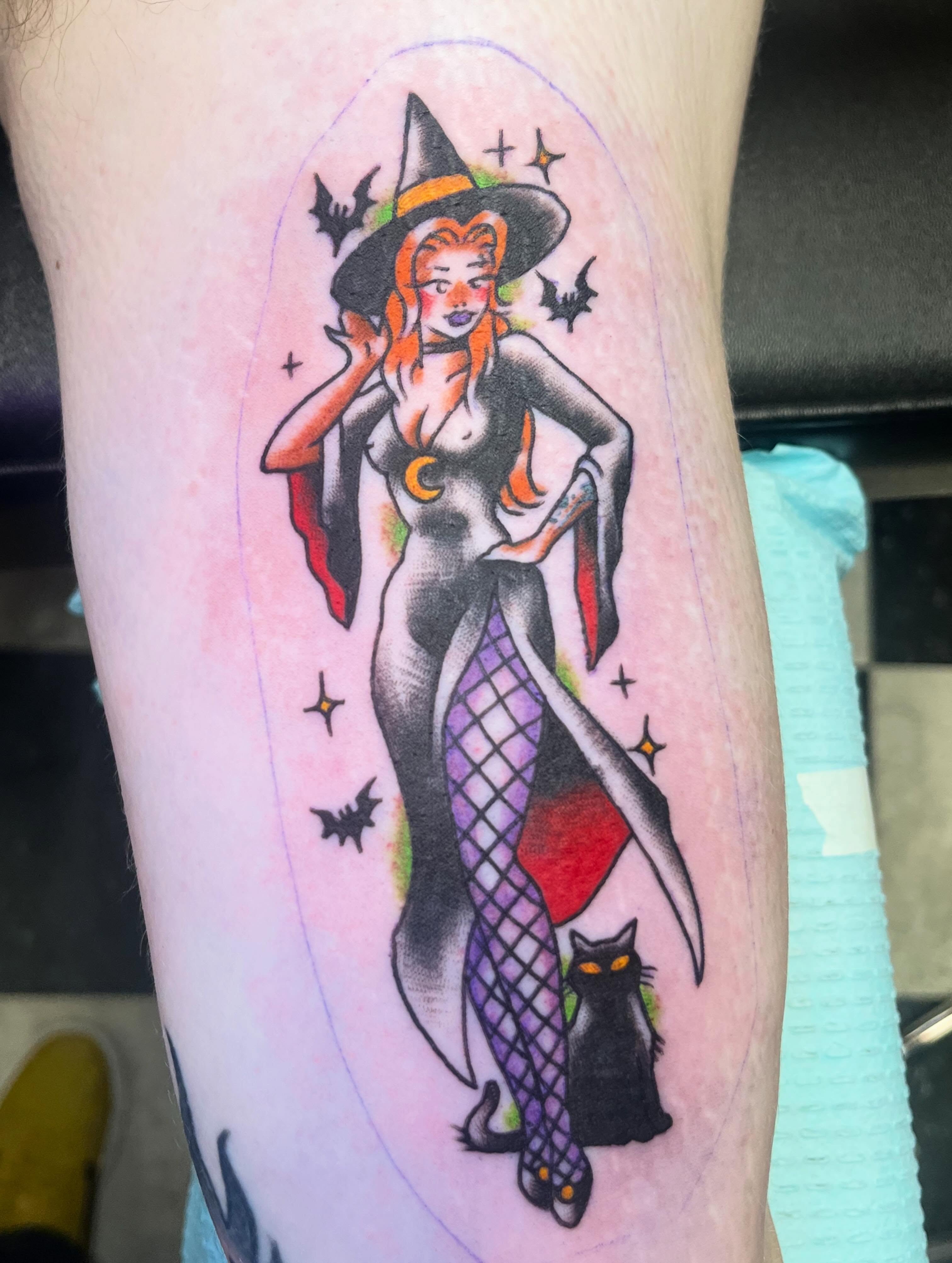 Witch American traditional tattoo on the forearm by Sean Swanson Tattoo Salem Oregon, Salem, Oregon