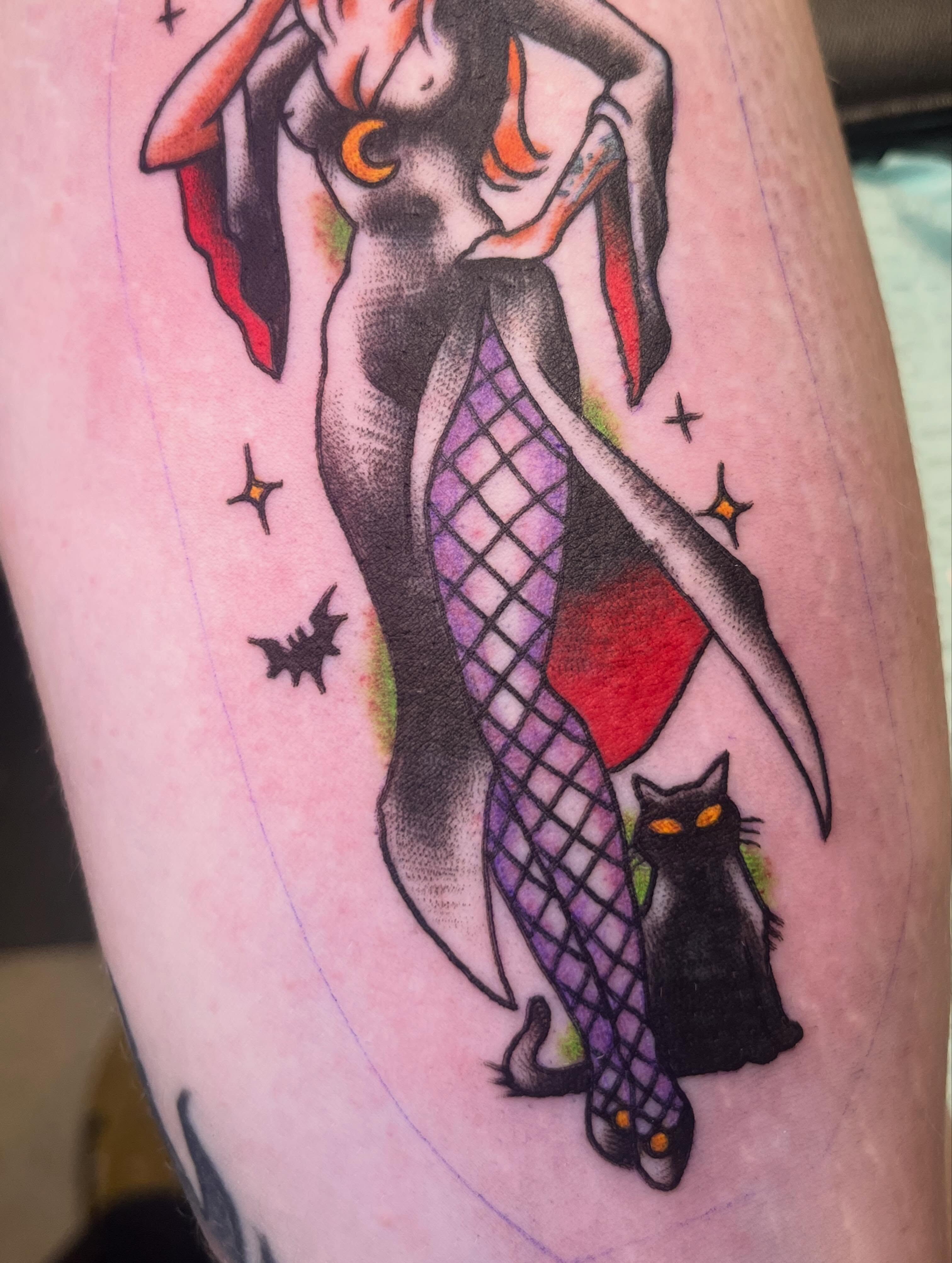 Woman with cat American traditional tattoo on the forearm by Sean Swanson Tattoo Salem Oregon, Salem, Oregon
