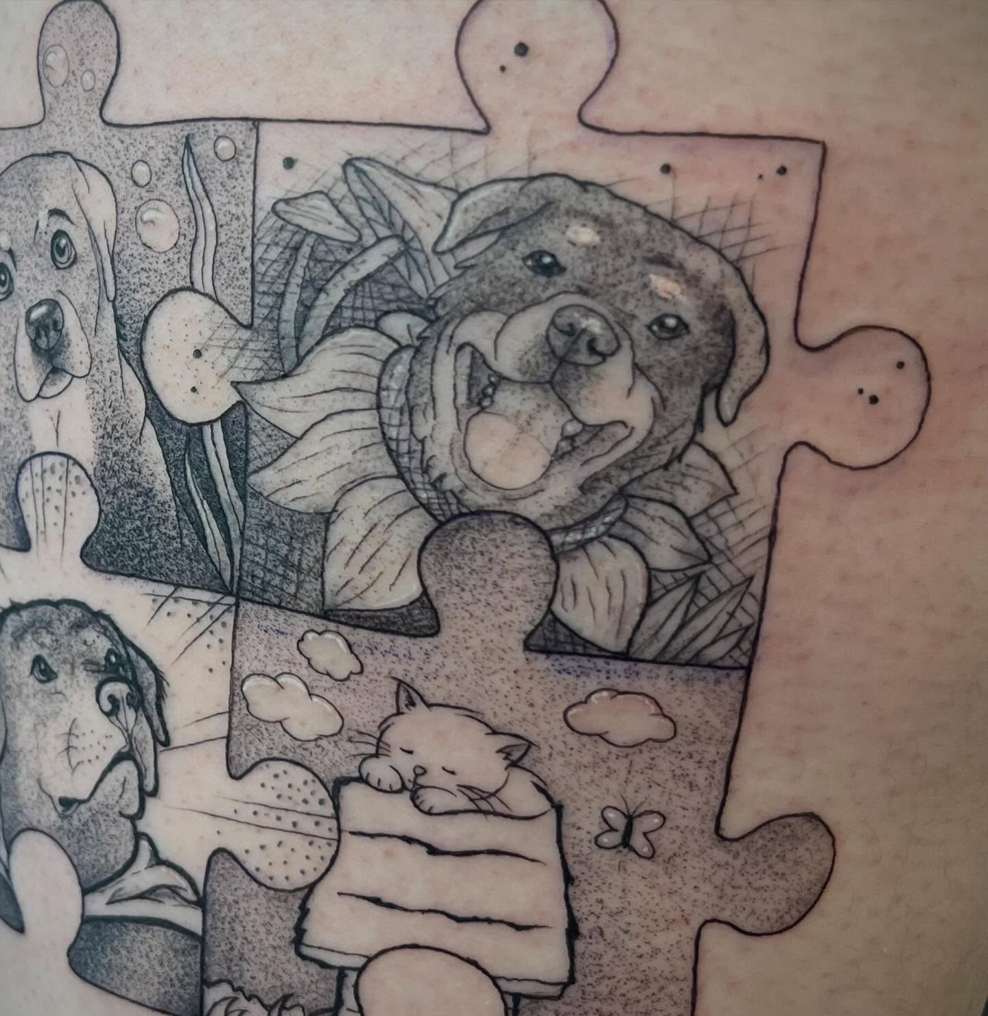 Dogs and cat dotwork tattoo by Freya Petersen