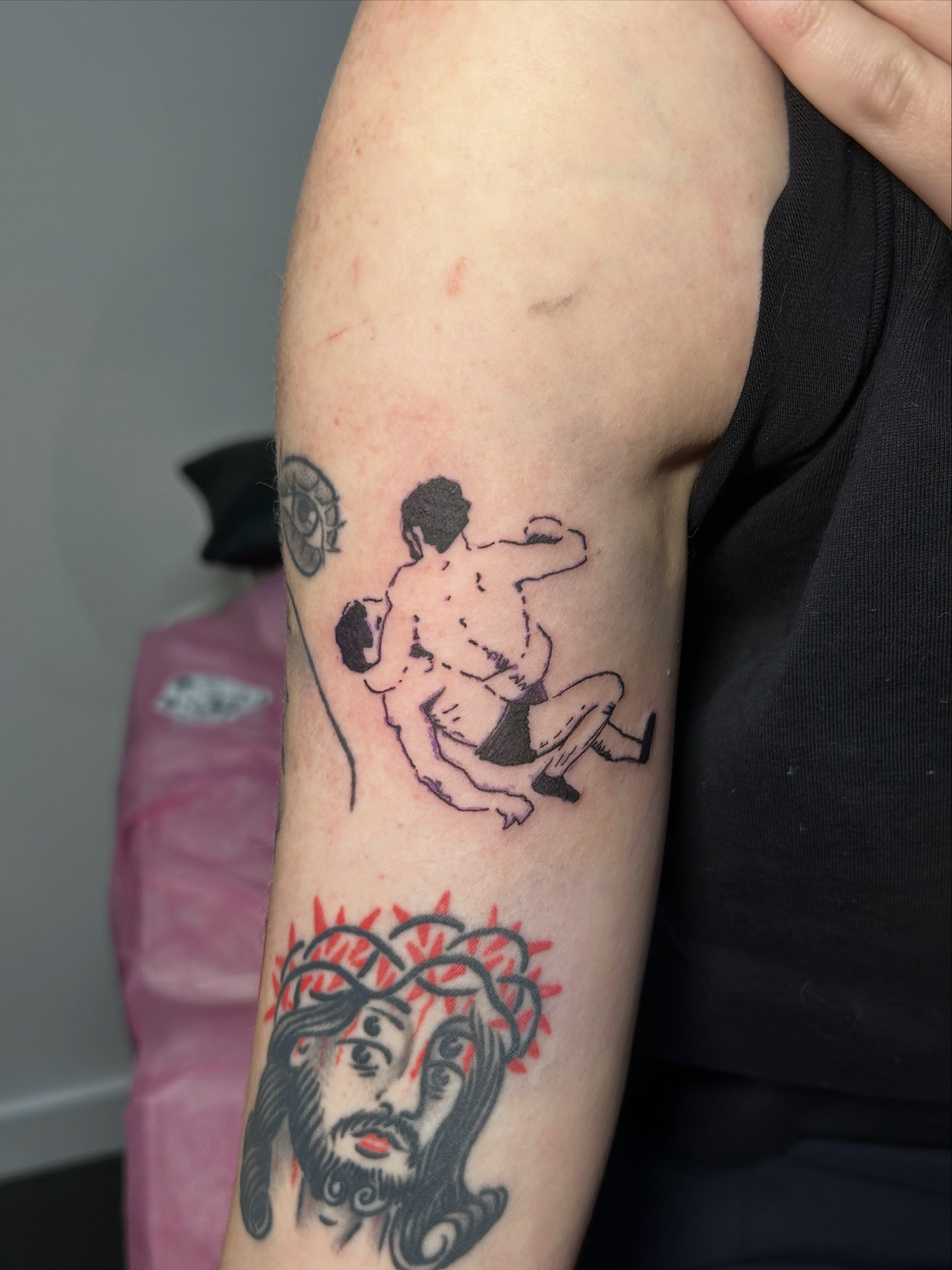 Boxing match American traditional tattoo on the forearm by Mattie Robinson