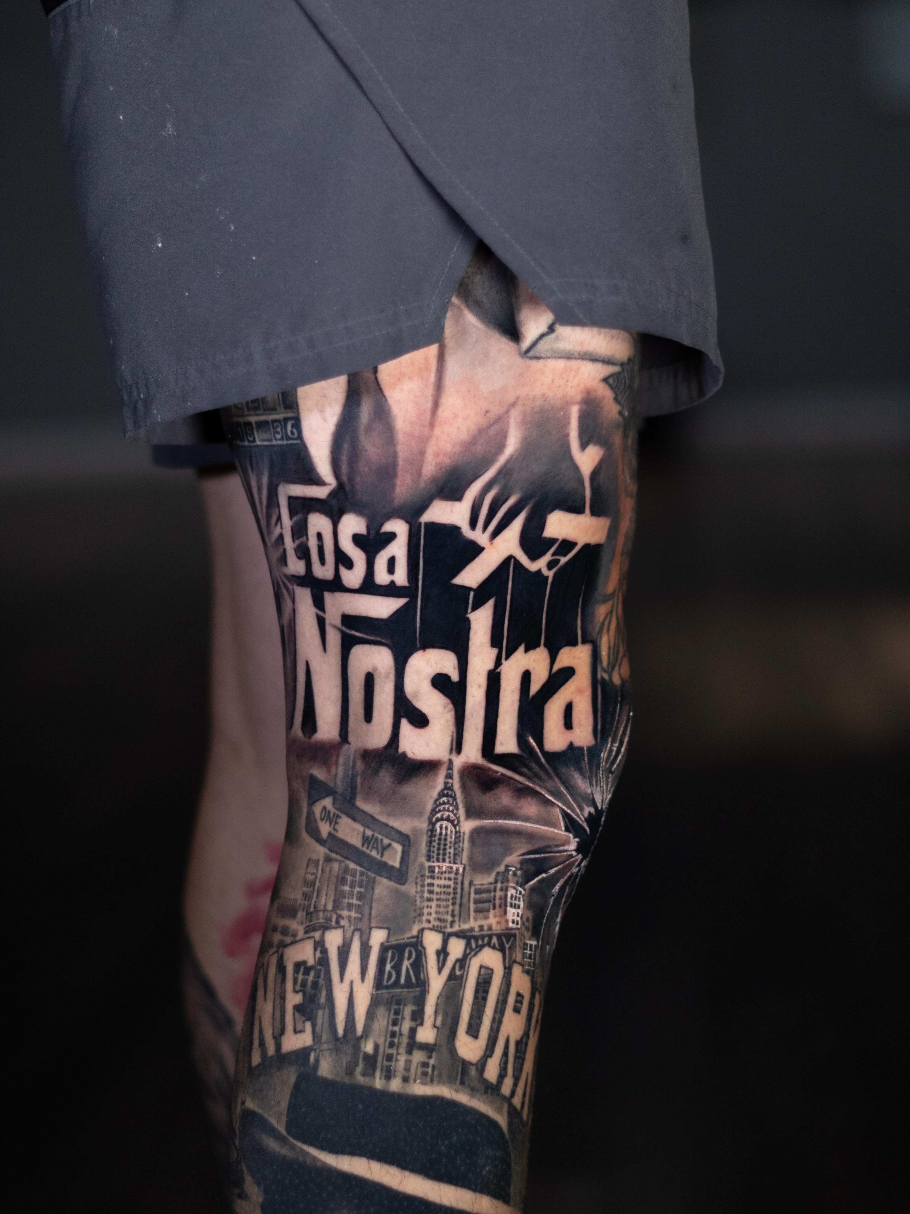 Cosa Nostra black and grey tattoo on the forearm by David Garcia 📍 West Palm Beach FL. Tattoo