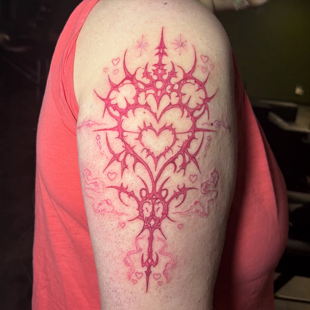Ornamental heart with spikes cyber sigilism tattoo on the shoulder by 🌸Blossom🌸