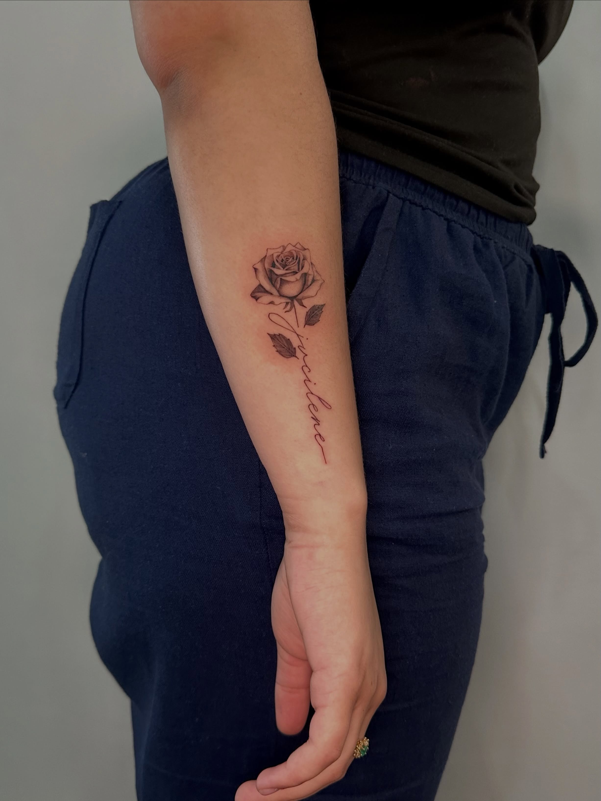 Rose black and grey tattoo on the forearm by 𝘋𝘪𝘢𝘯𝘯𝘢