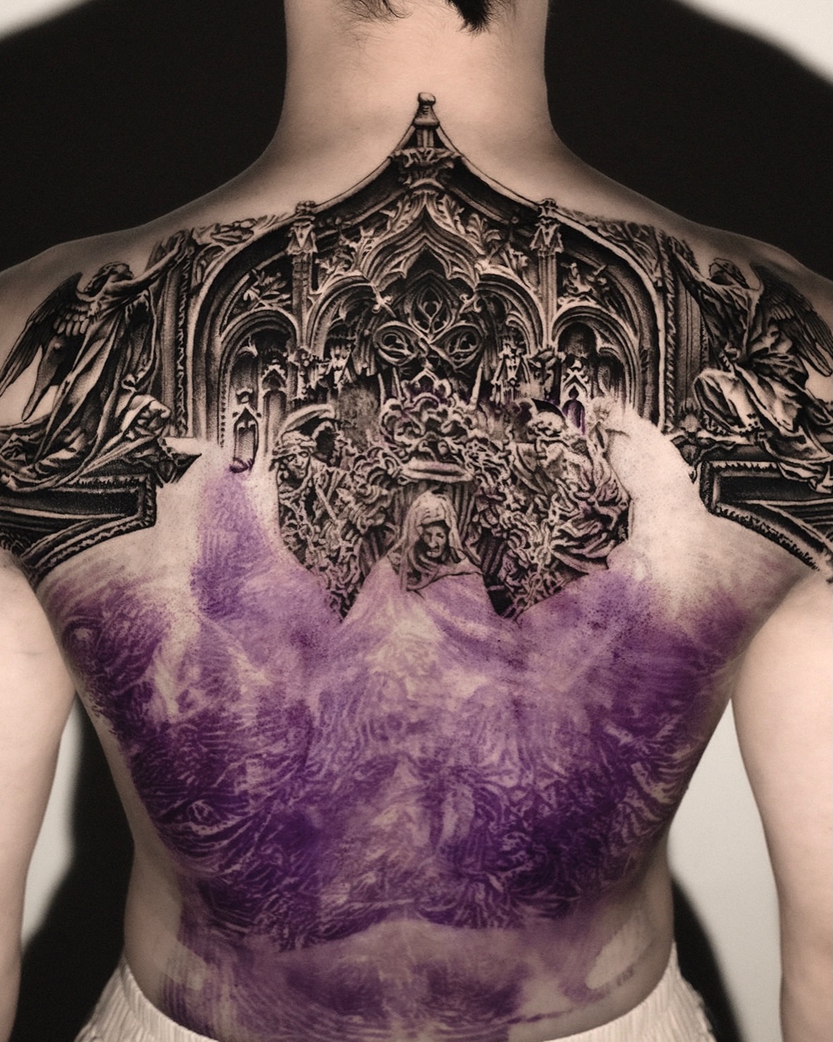 Gothic cathedral dark realism tattoo on the chest by AMU