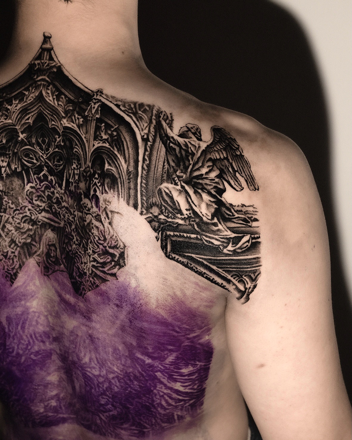Gothic cathedral realism tattoo on the back by AMU