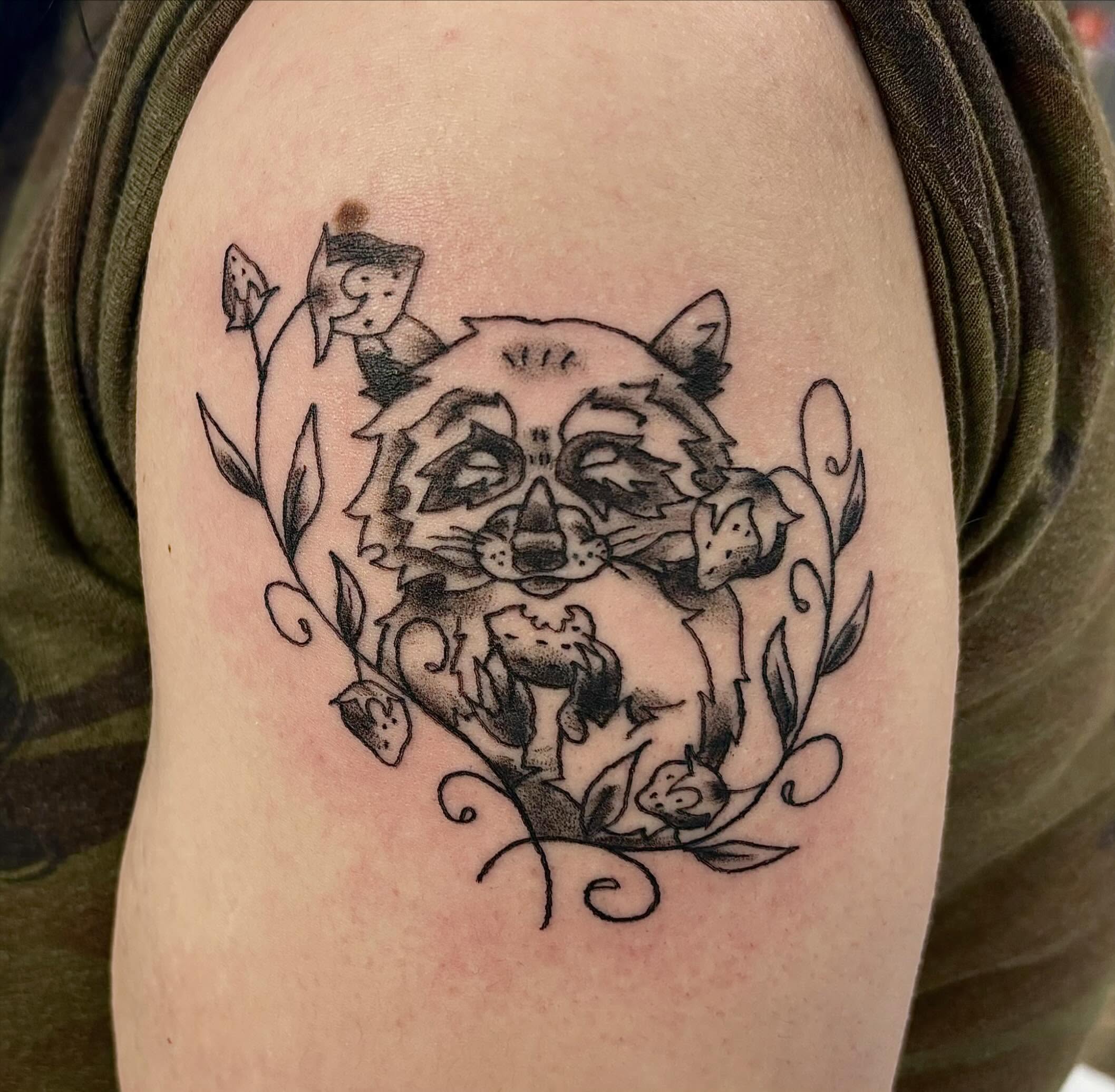 Raccoon black and grey tattoo on the shoulder by ✮ ✄ star ✮ ✄