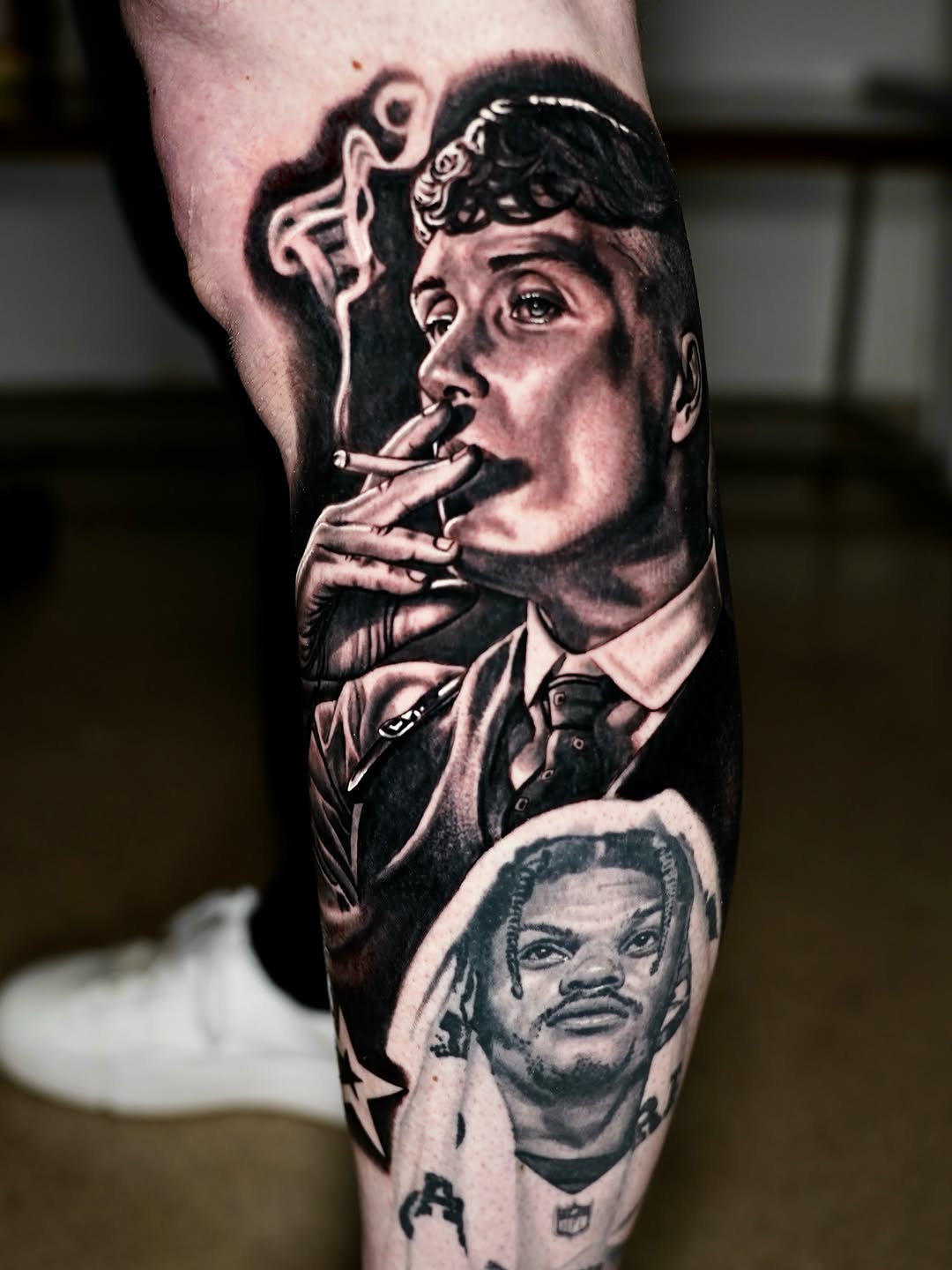 Portraits of two men realism tattoo on the forearm by Joshua Phillips, Mansfield, Ohio