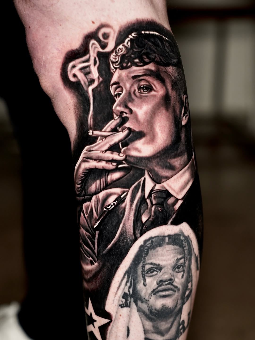 Portraits of two men realism tattoo on the forearm by Joshua Phillips, Mansfield, Ohio