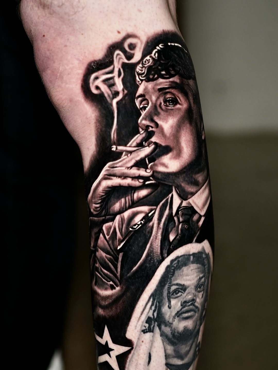 Portraits of two men smoking realism tattoo on the forearm by Joshua Phillips, Mansfield, Ohio