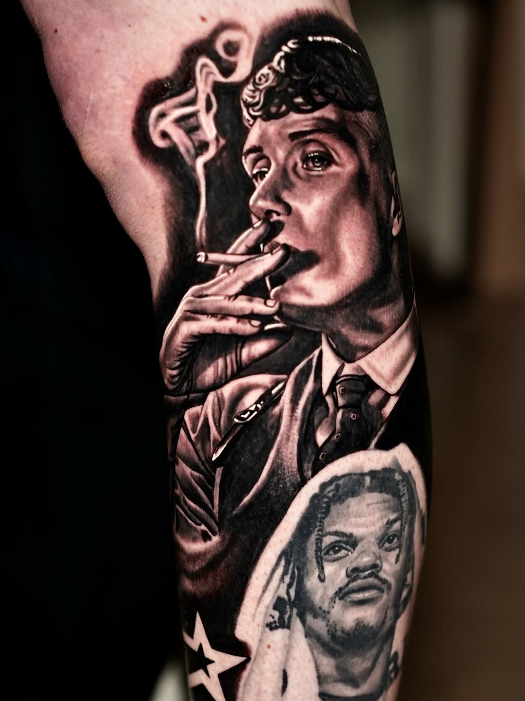 Portraits of two men realism tattoo on the forearm by Joshua Phillips, Mansfield, Ohio