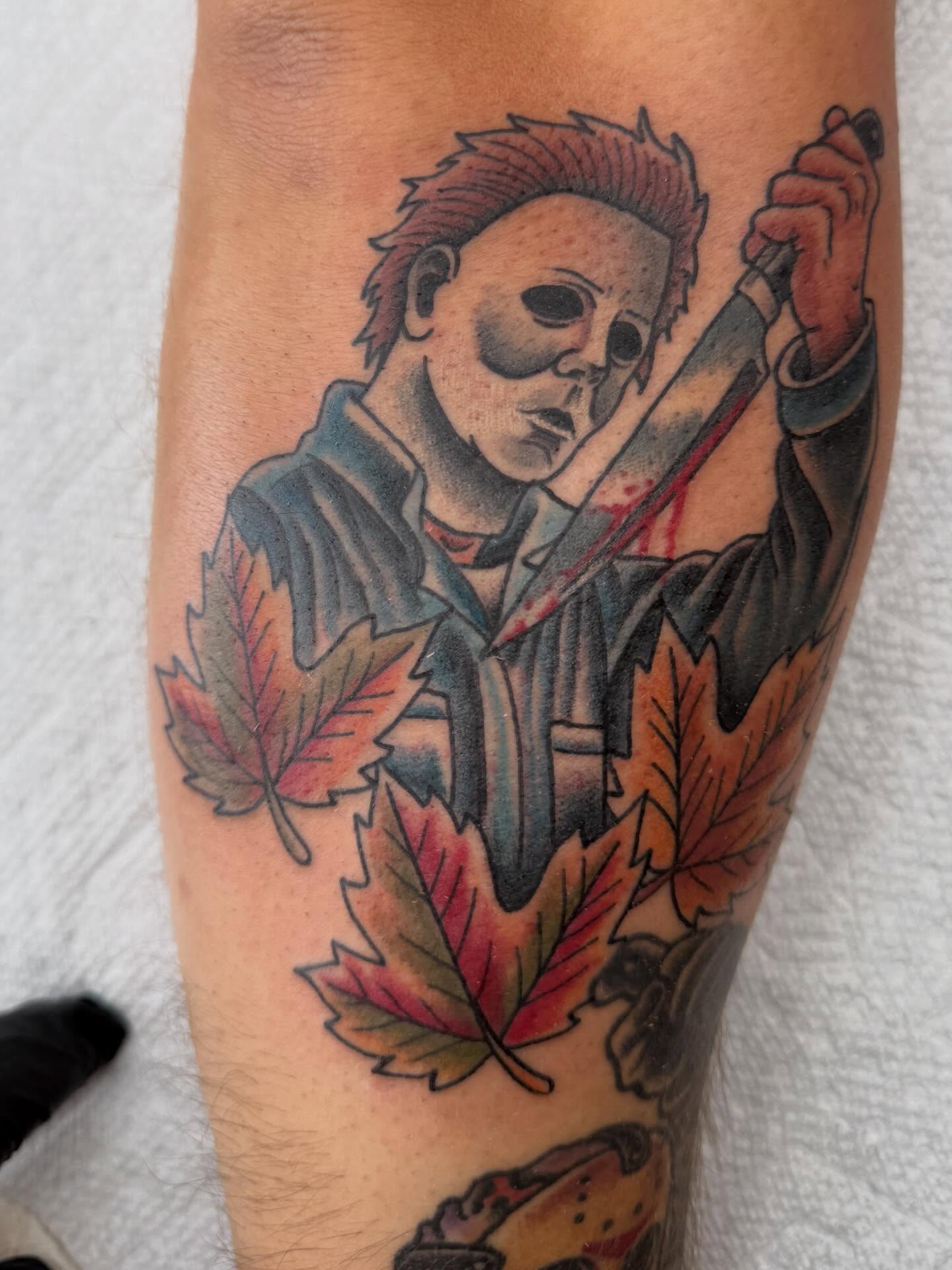 Michael Myers American traditional tattoo on the forearm by Trent Parsley