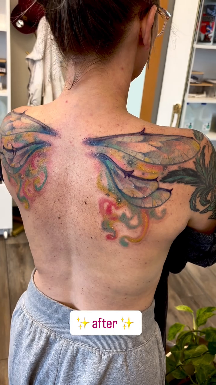 Wings tattoo on back watercolor tattoo on the back by Cricket Elijah Cervidae