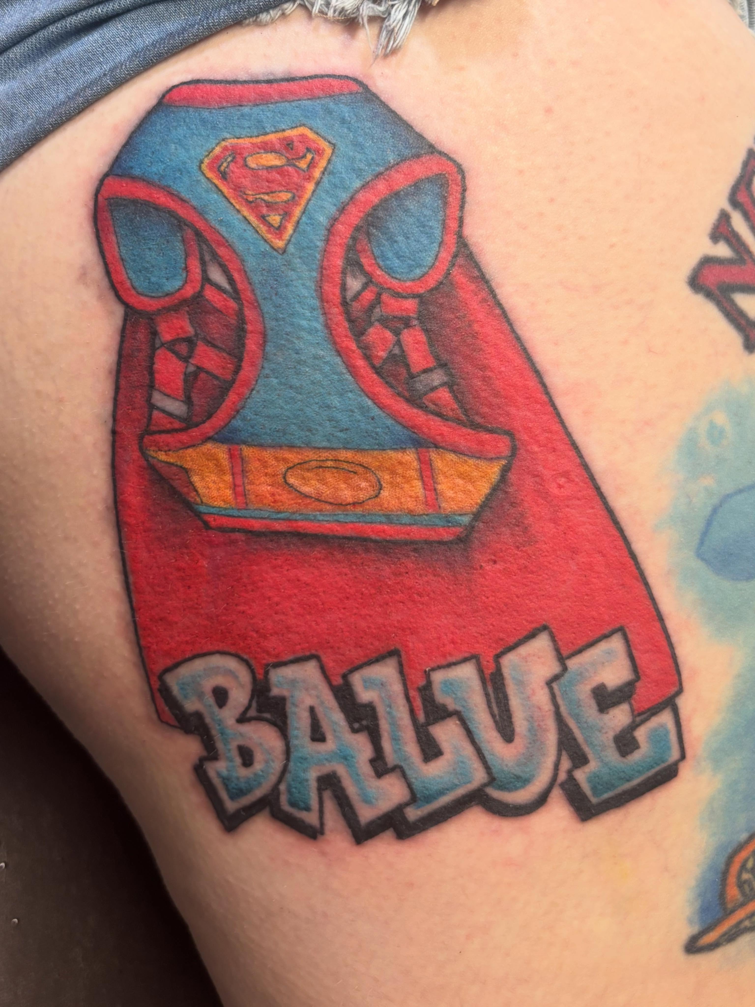 Superman chest realism tattoo on the thigh by Scottbarrytattoos@gmail.com
