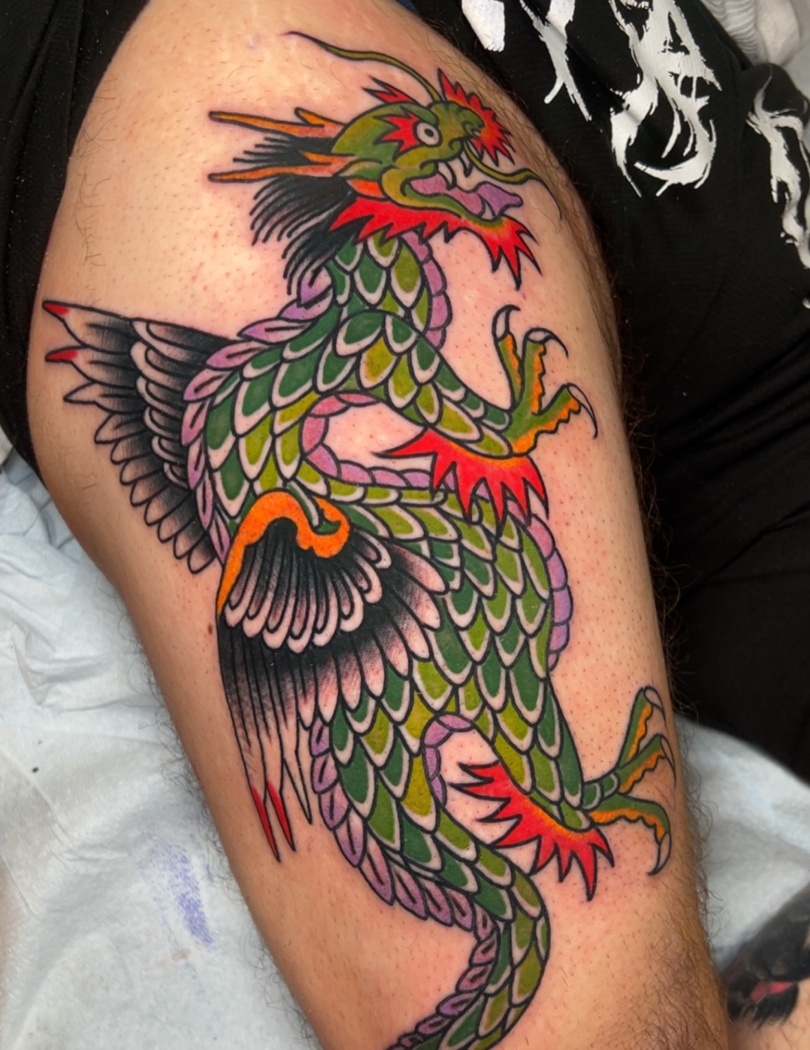 Dragon American traditional tattoo on the thigh by Mat Helton, Fairborn, Ohio