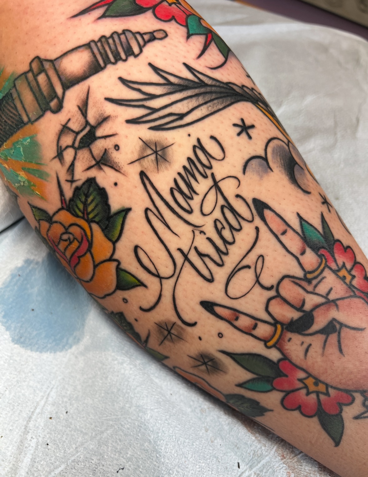 Mama tricot American traditional tattoo on the forearm by Mat Helton, Fairborn, Ohio