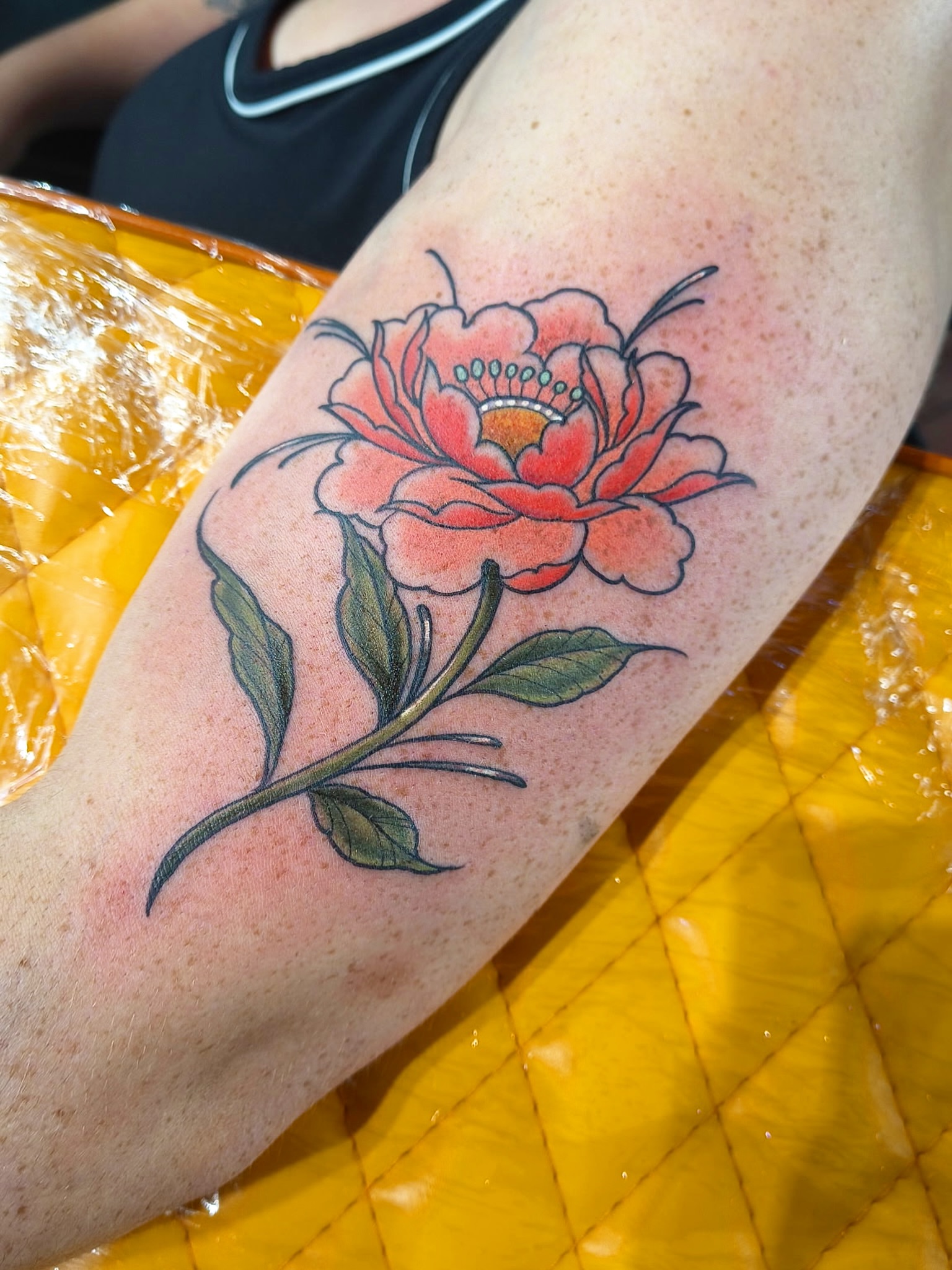 Peony flower new school tattoo on the forearm by Blake Alan Tattoos (TROUT)