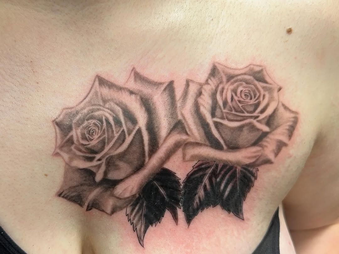 Two roses dotwork tattoo on the chest by Willi Tattoos👹