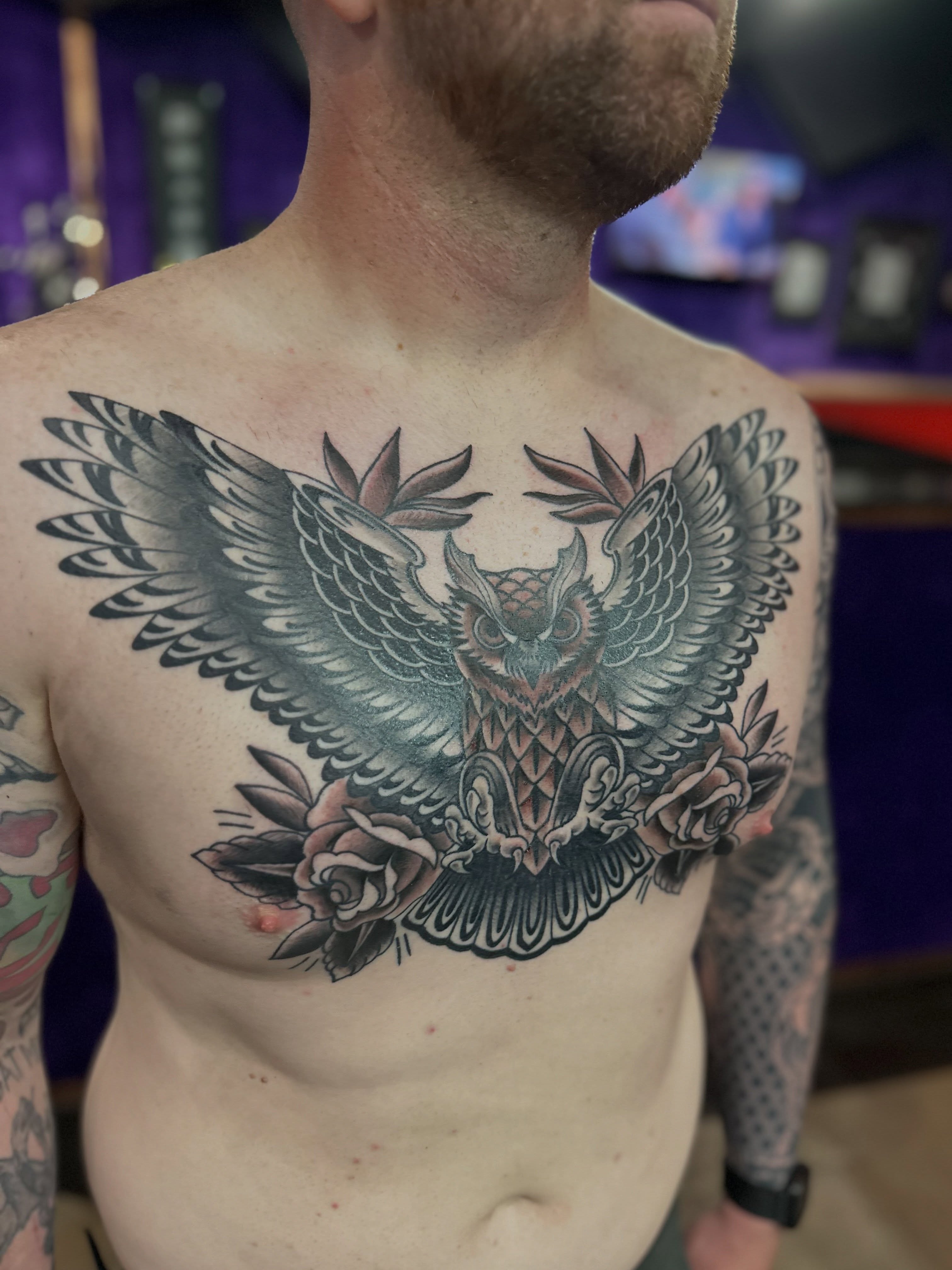 Owl American traditional tattoo on the chest by Walk-in American Traditional Tattoos Las