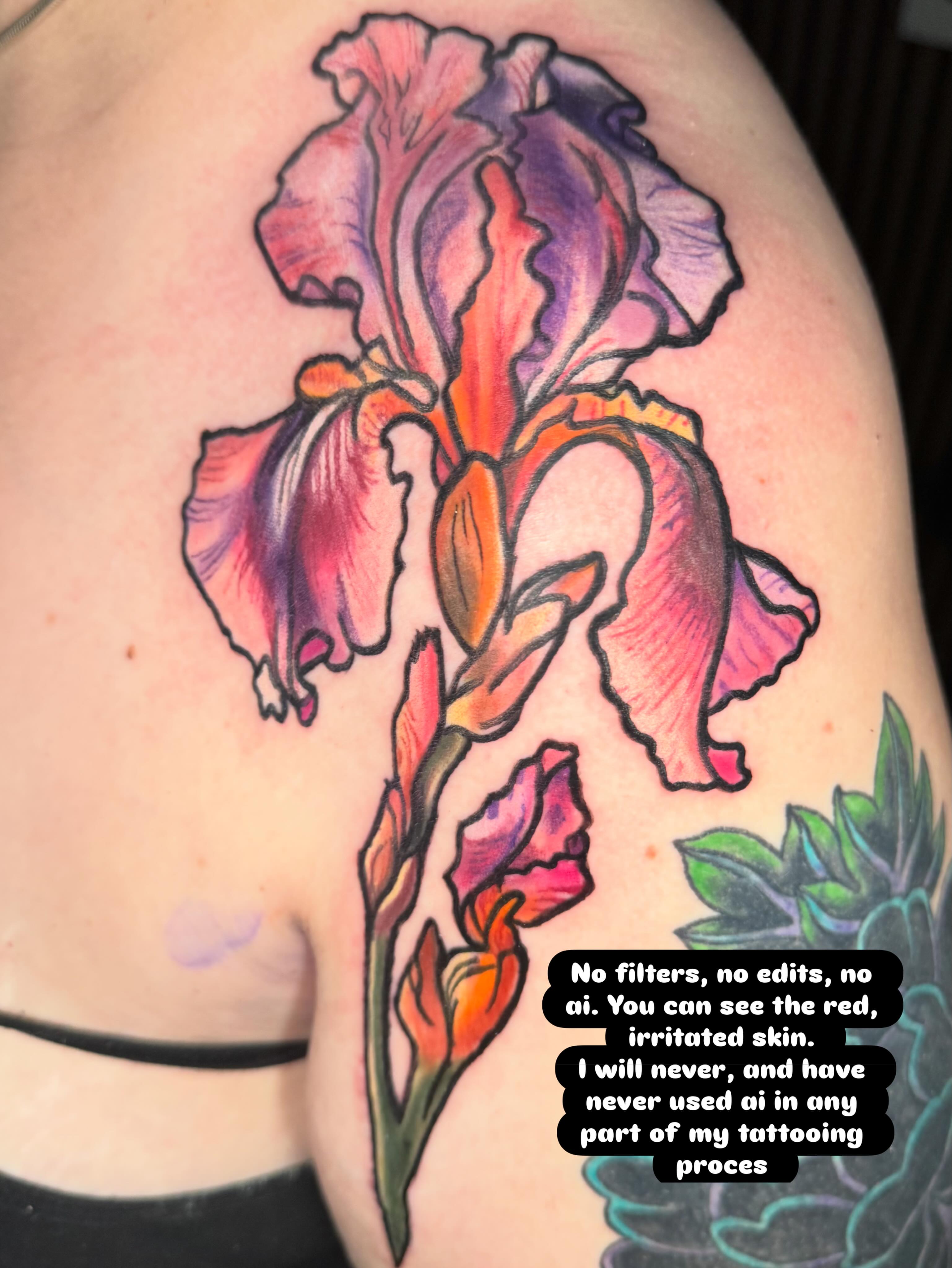 Iris watercolor tattoo on the shoulder by Paula.p.tattoos
