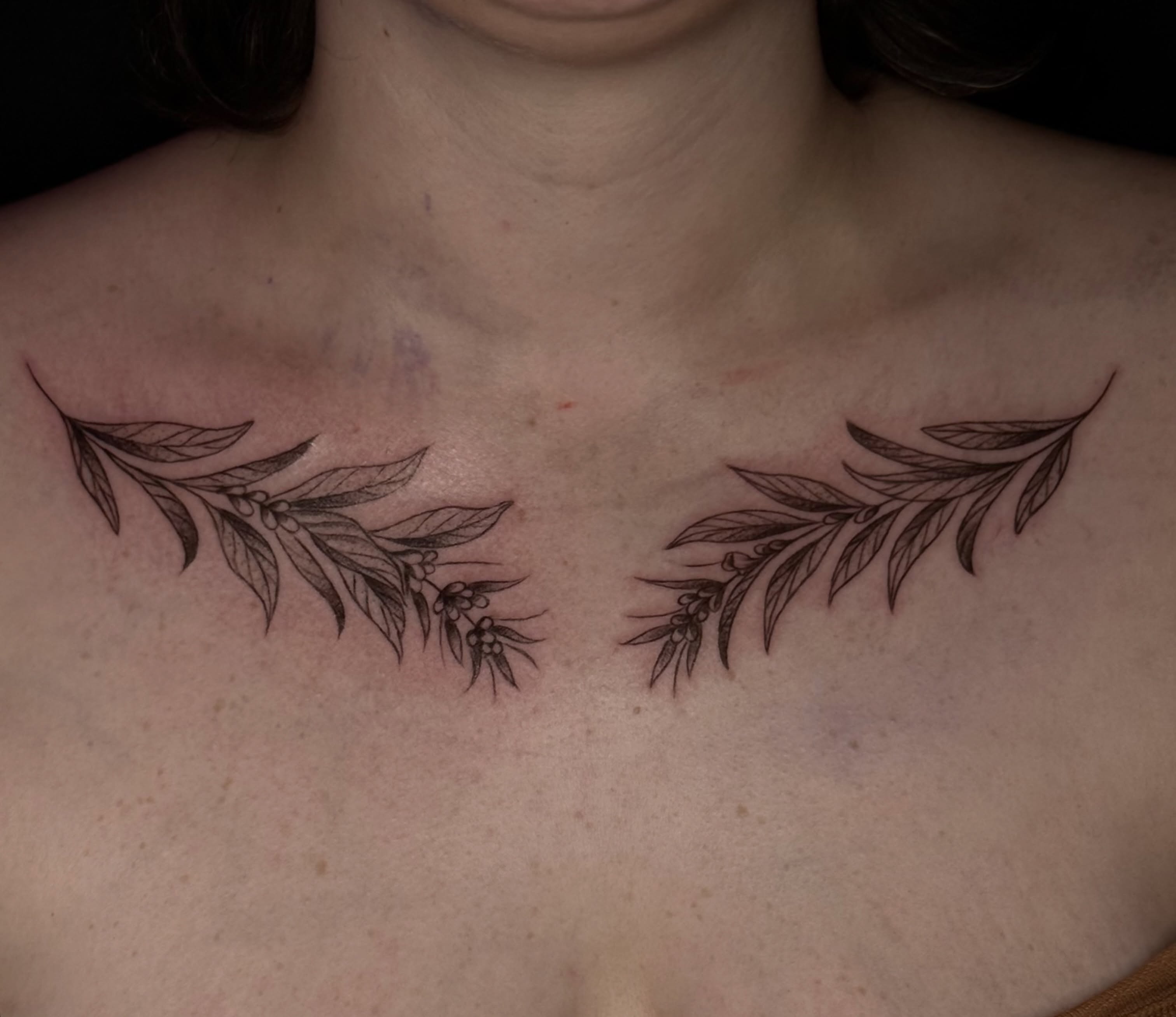 Branch with leaves black and grey tattoo on the chest by ๐๐ญ๐ฆ๐จ๐ณ๐ข โ๐๐ฆ๐จโ ๐ฆต