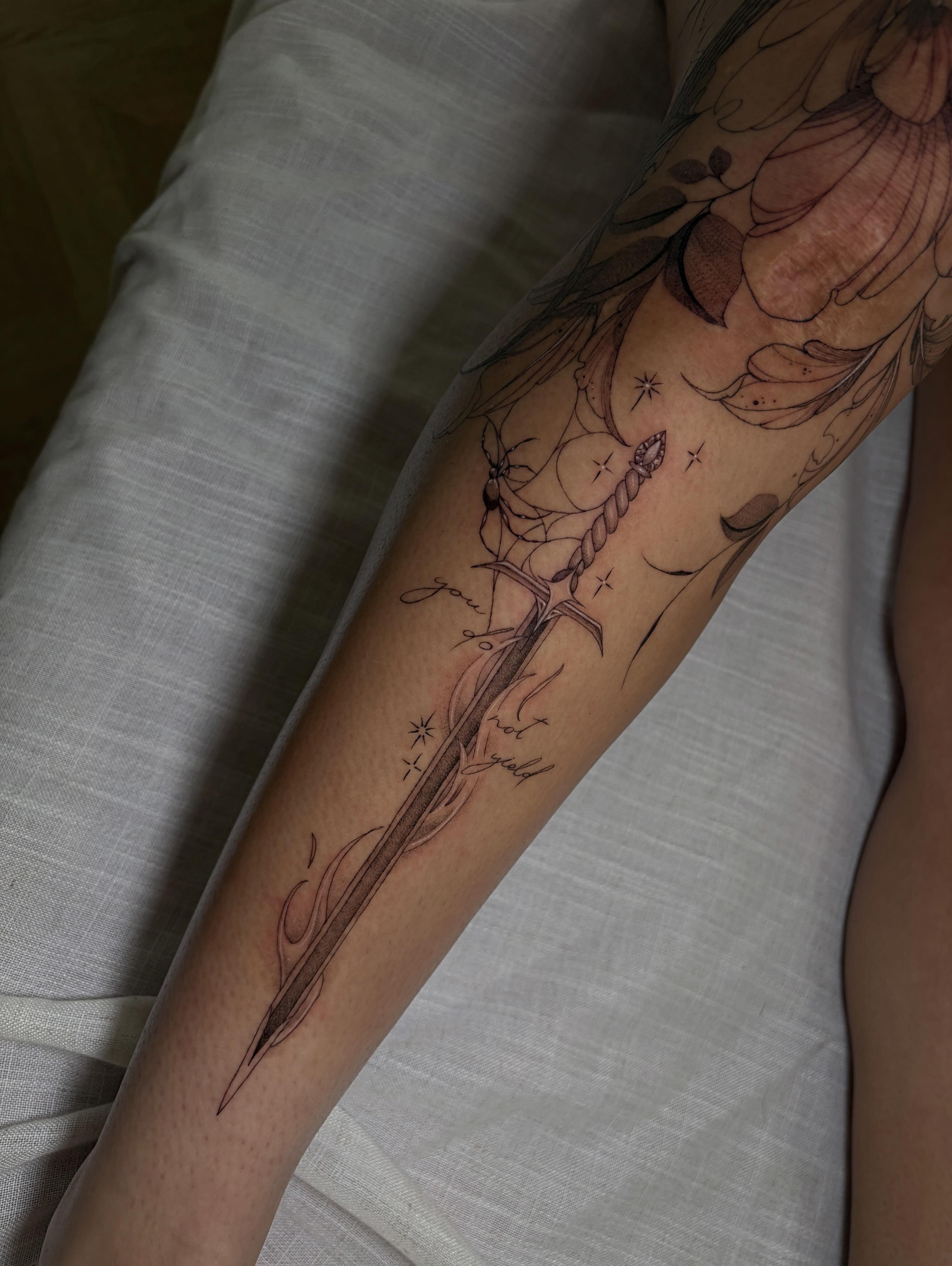 Sword and spider web black and grey tattoo on the forearm by Justene Renee 🖤 Fine Line Tattoo Artist