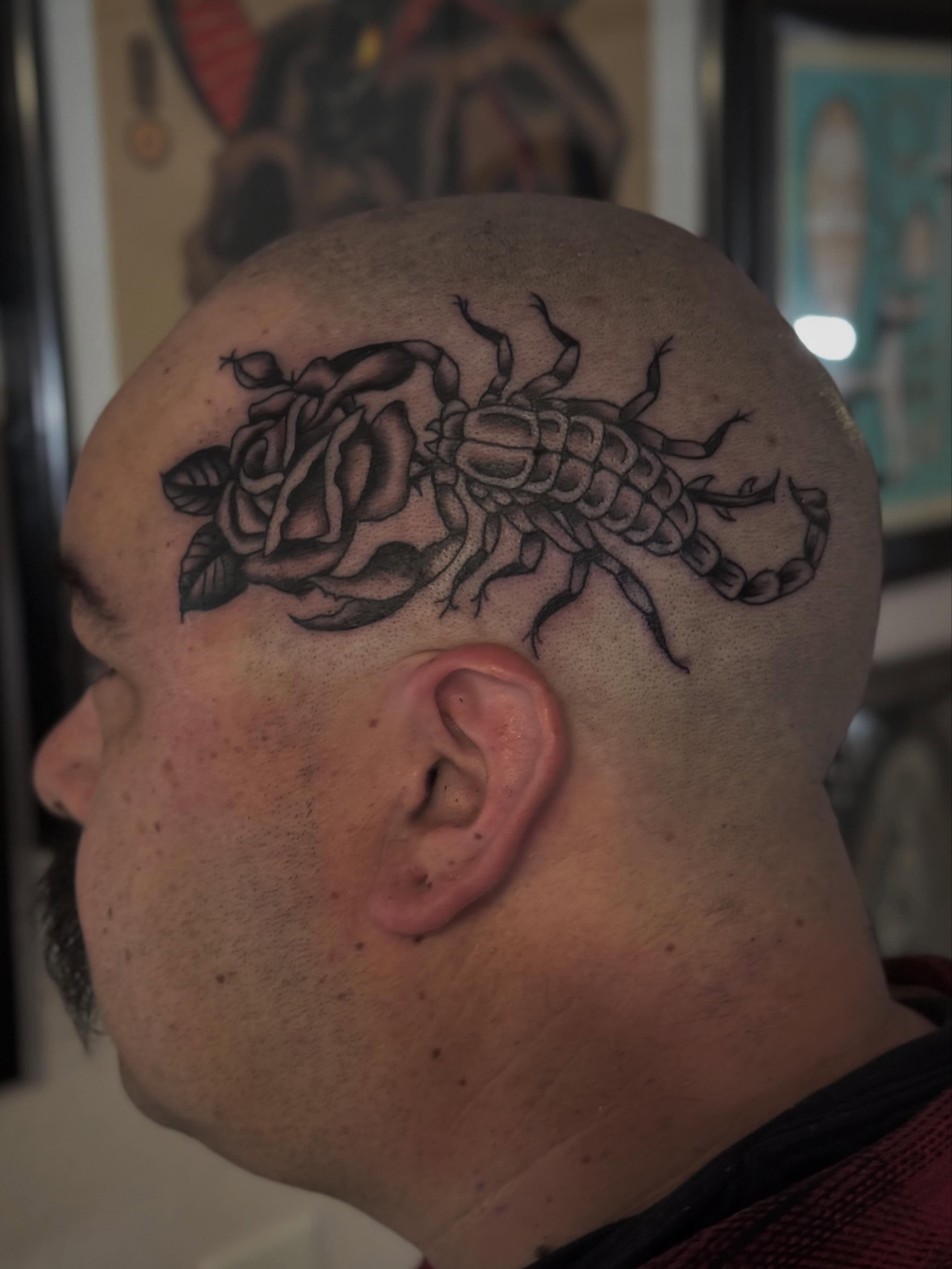 Scorpion and rose black and grey tattoo on the head by Micah Norman, San Francisco, California
