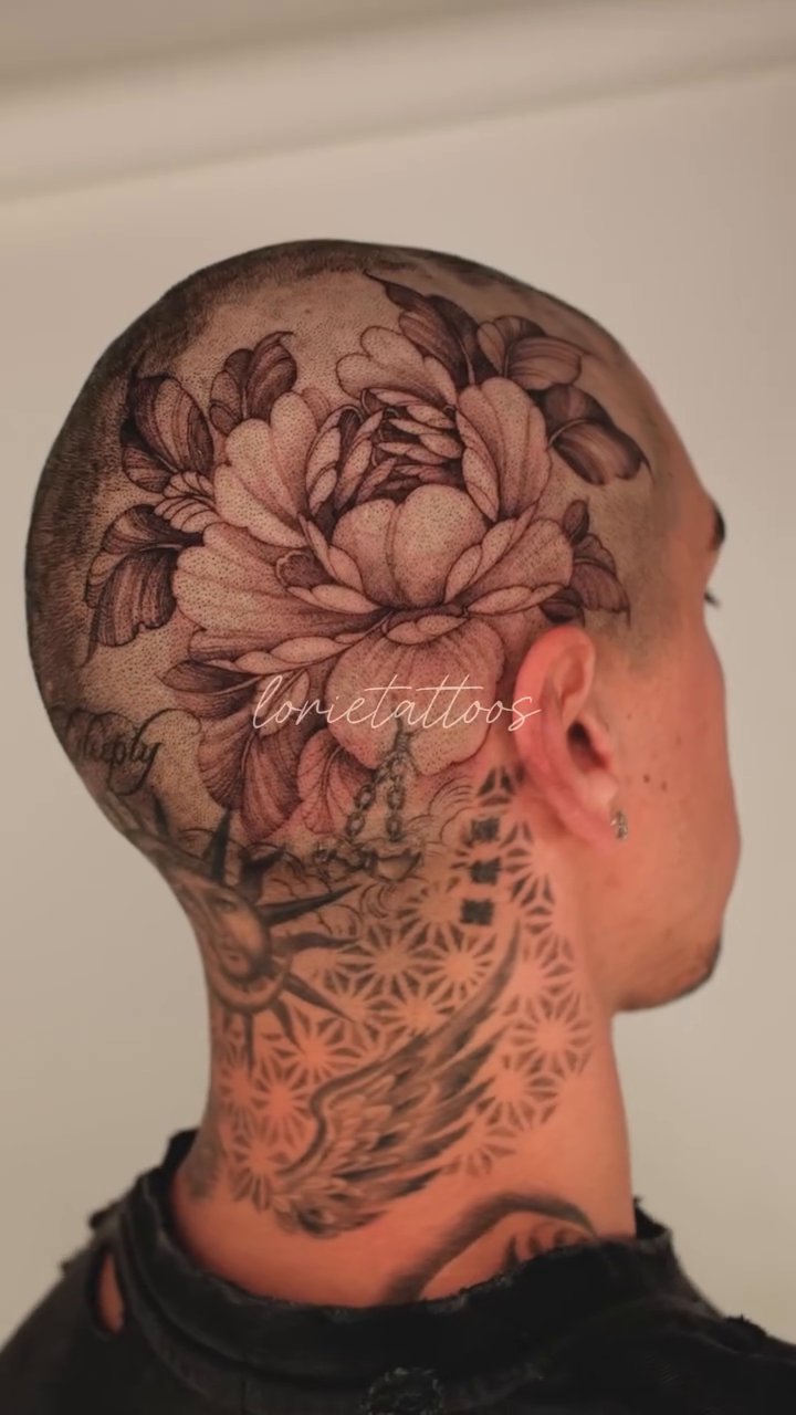 Peony and leaves fine line tattoo by LORIE π€ Floral Tattoo Artist, Los Angeles, California