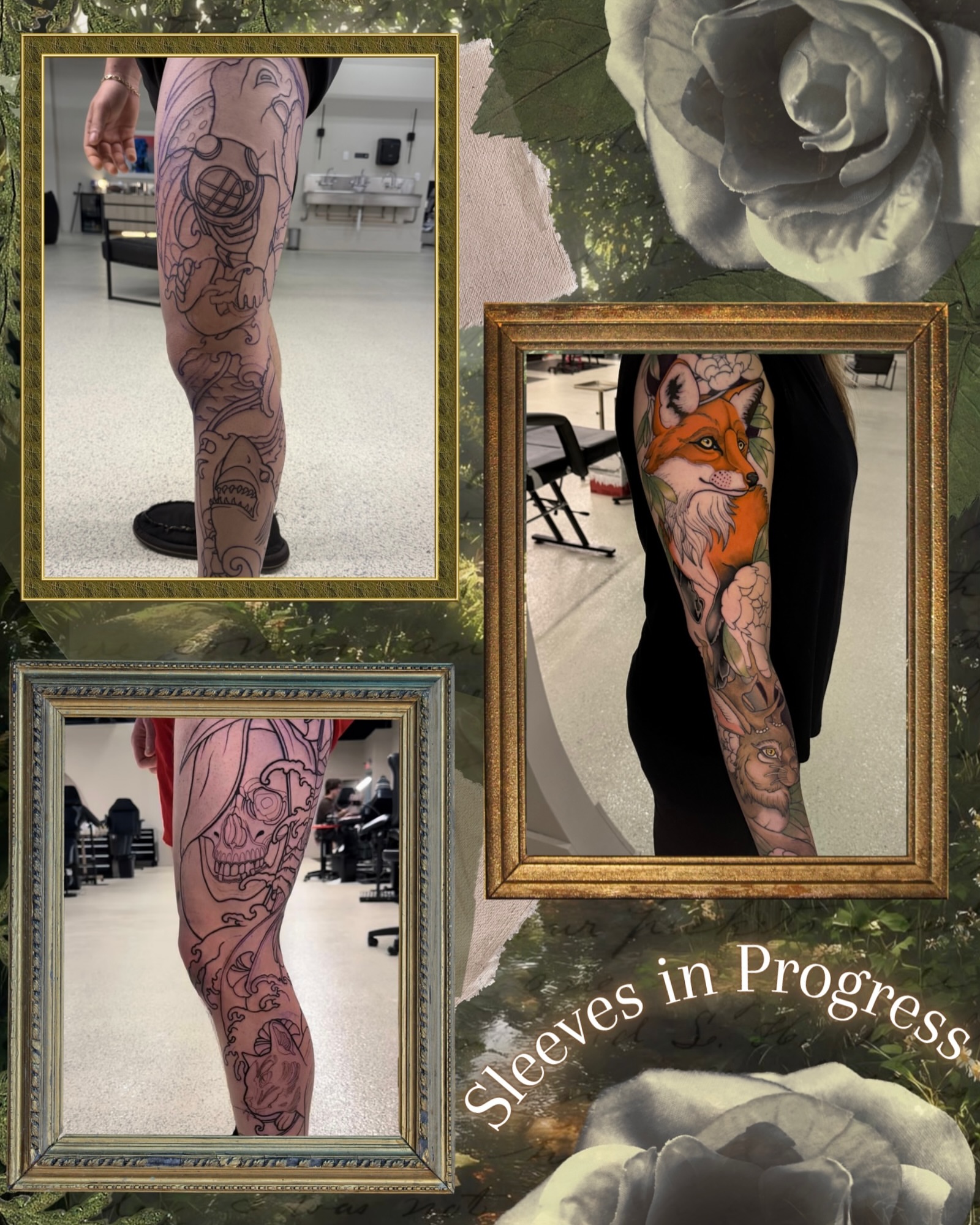 Fox and rabbit American traditional tattoo on the upper arm by Kelsey Zussman