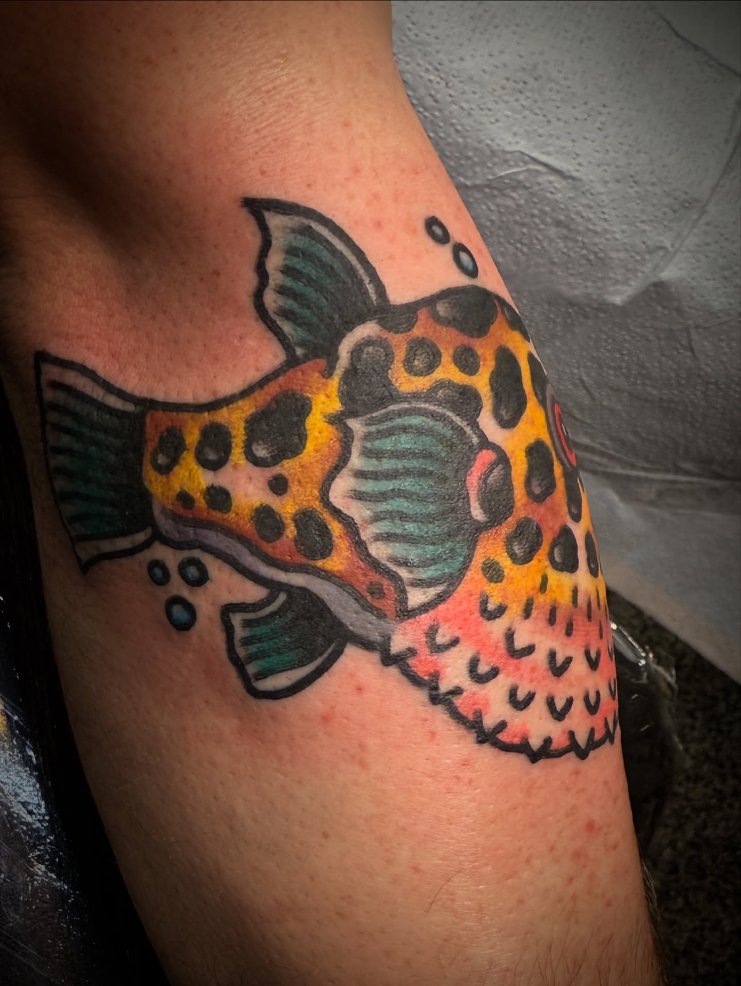 Fish dotwork tattoo on the upper arm by Chuck Paprocki, Nashville, Tennessee