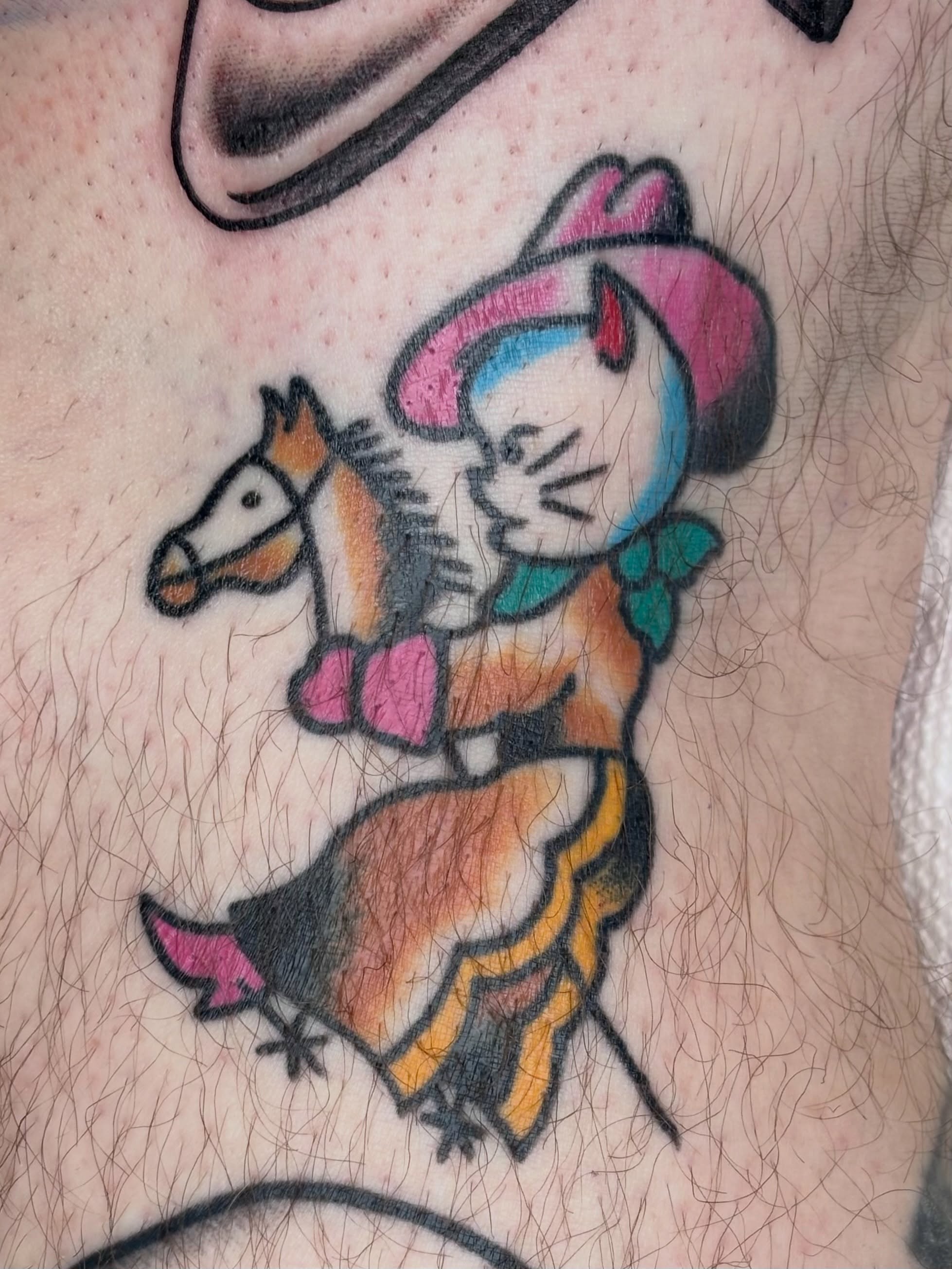 Hello kitty riding horse American traditional tattoo on the forearm by ★ ★ ★ Matt Reinstone ★ ★ ★