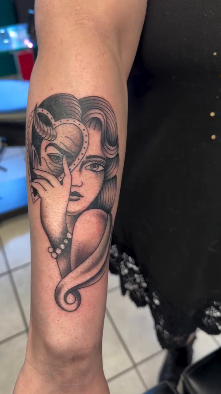 Tattoo by @bootknifebetty — black_and_grey, realism