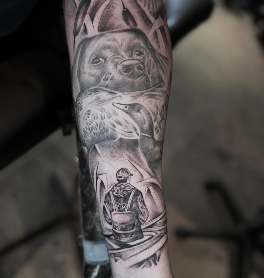 Wildlife and hunter realism tattoo on the forearm by Matthew Crawley