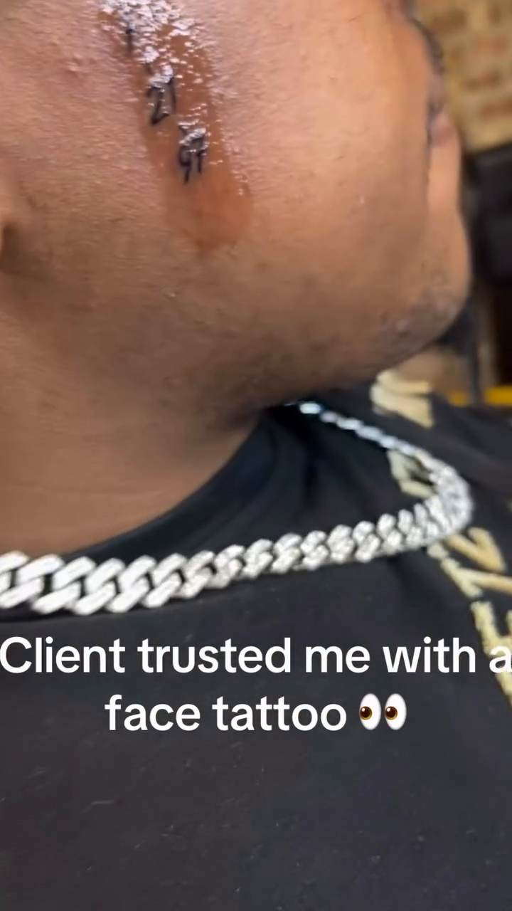 Face tattoo with numbers tattoo on the neck by Tatts by Quan