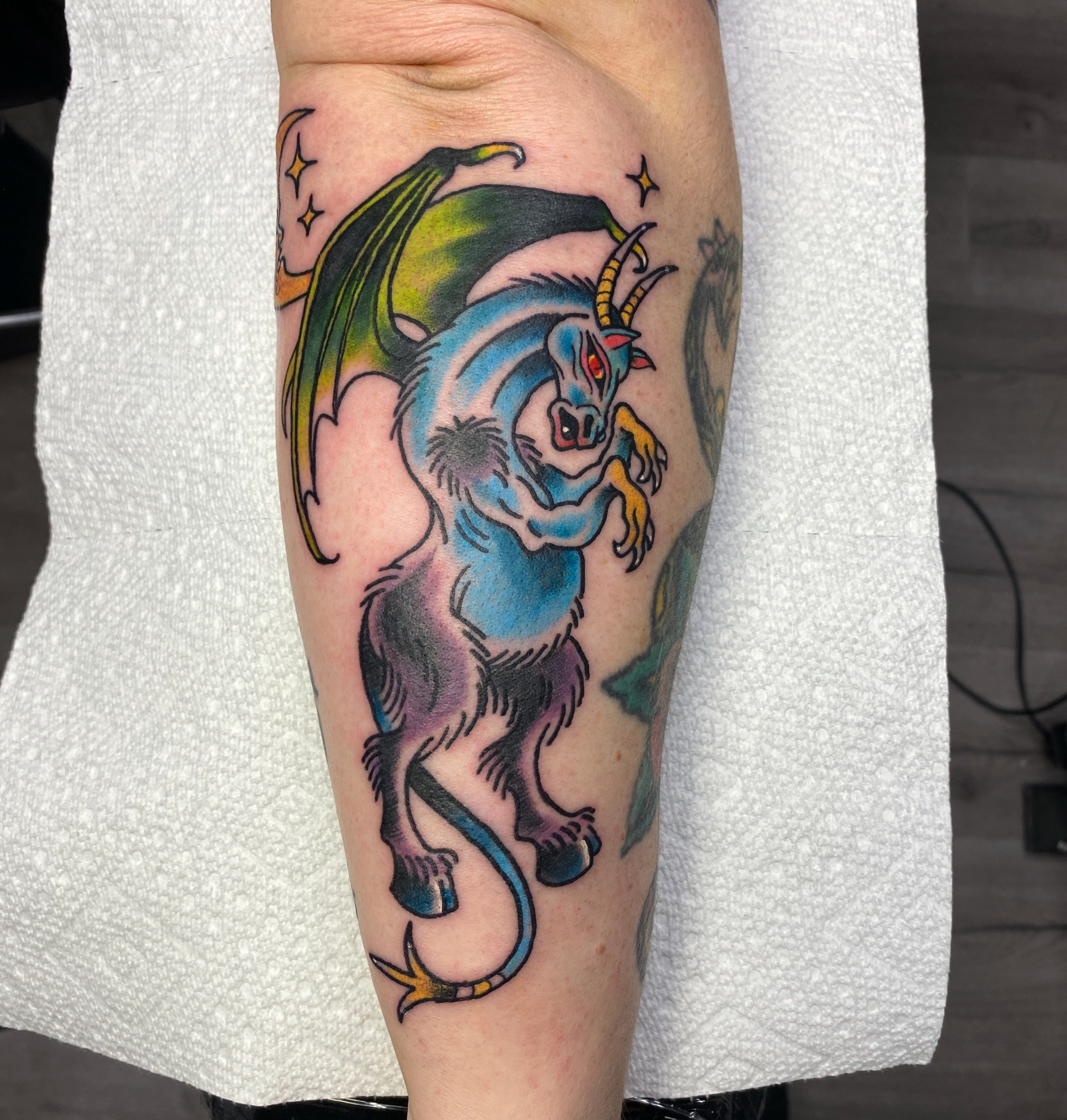 Mythical creature American traditional tattoo on the forearm by Mike Gorman - Portland Maine Tattoo Artist, Portland, Maine