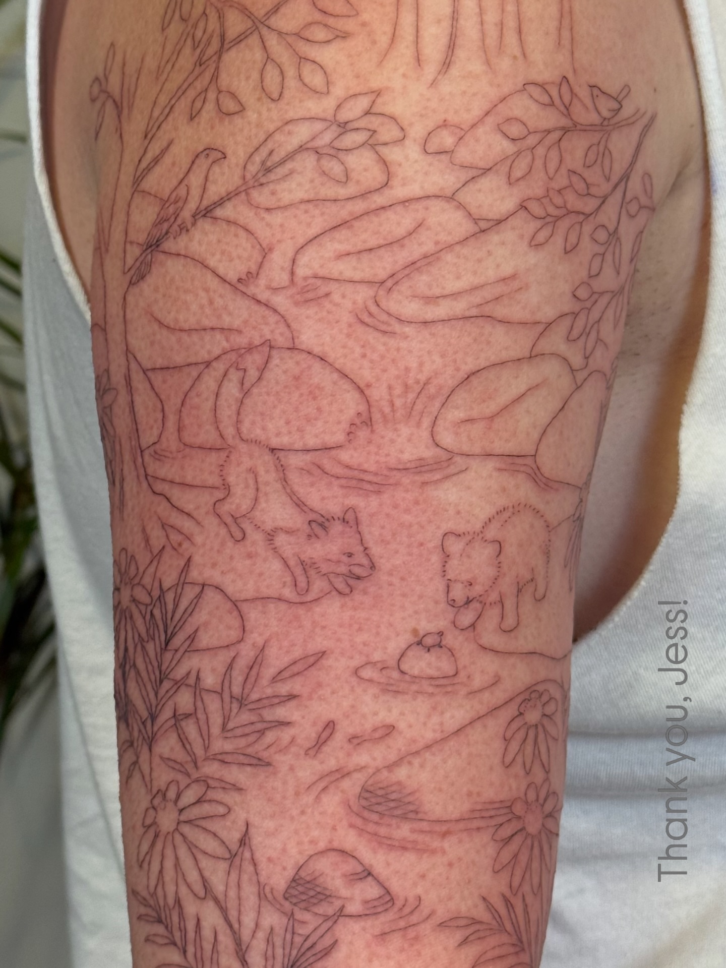 Forest scene dotwork tattoo on the forearm by Justin Turkus