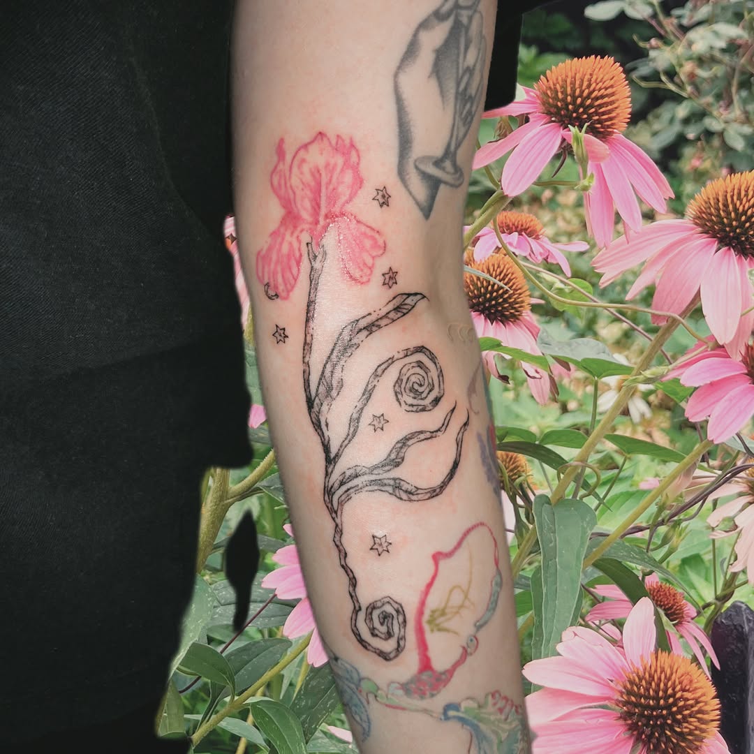 Abstract tree and flowers dotwork tattoo on the forearm by ⋆⁺₊⋆ 𝓳𝓪𝓼𝓶𝓲𝓷𝓮 ⋆⁺₊⋆