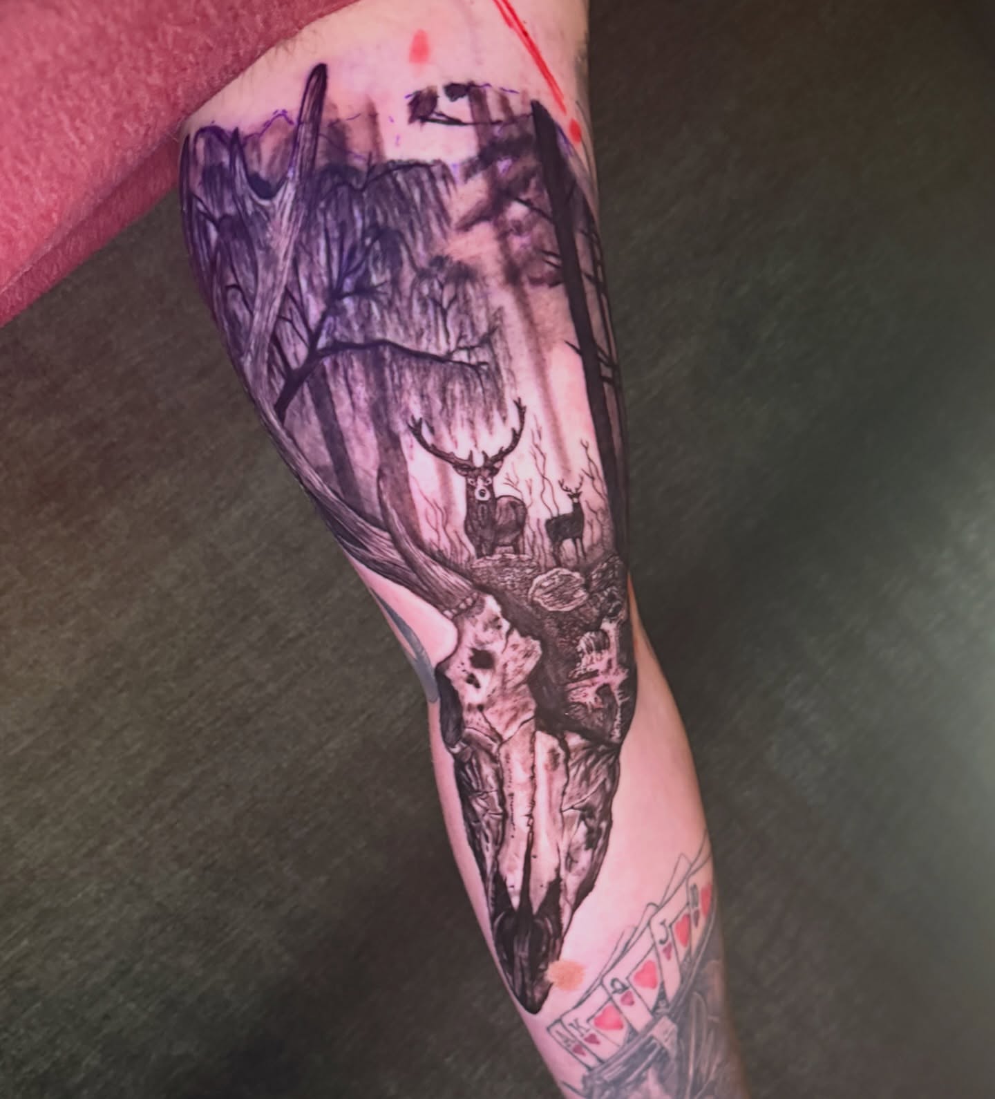 Deer skull and forest realism tattoo on the forearm by Abbie Kaitlynn Taylor, Dayton, Ohio