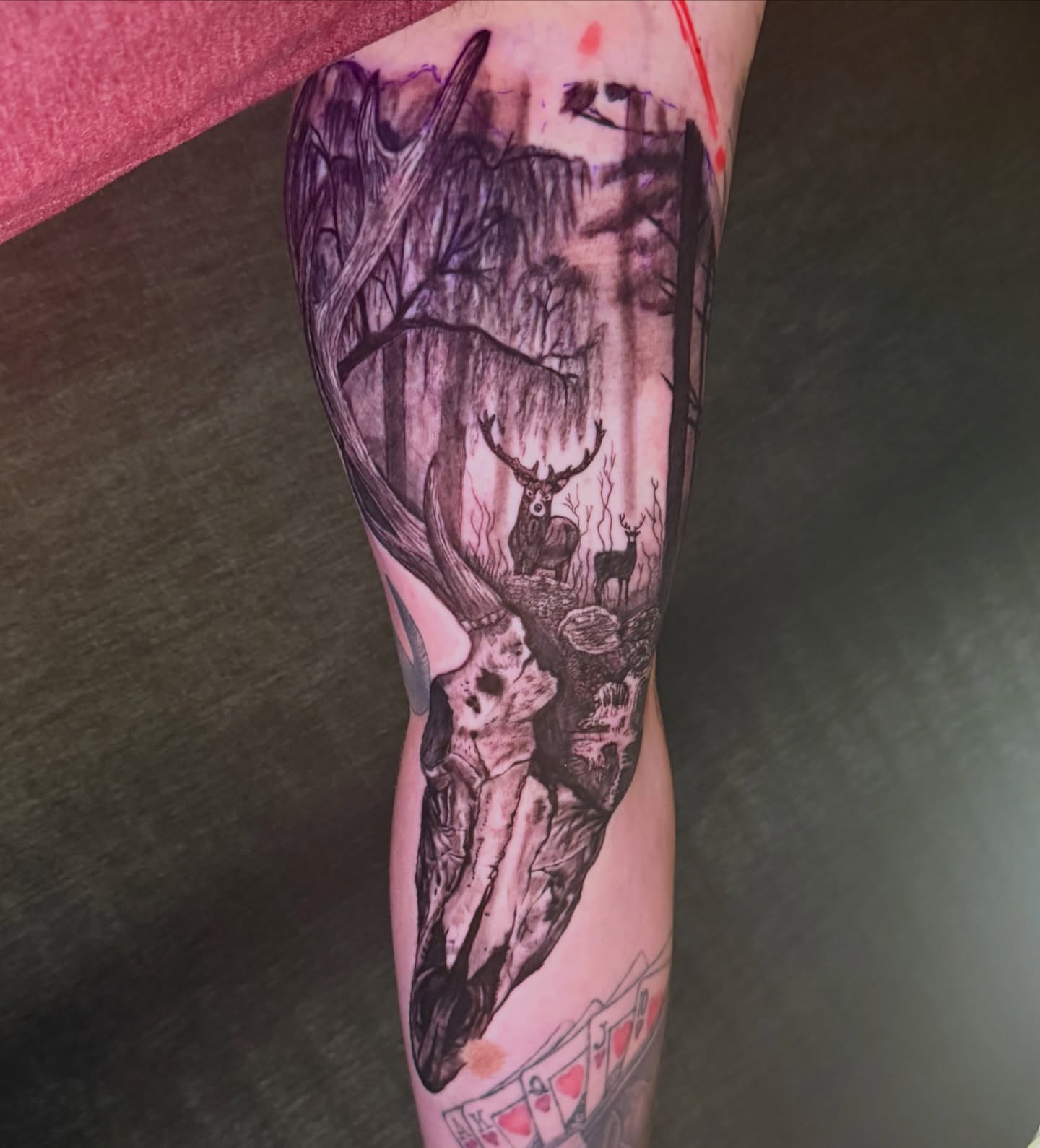 Deer skull and forest realism tattoo on the forearm by Abbie Kaitlynn Taylor, Dayton, Ohio