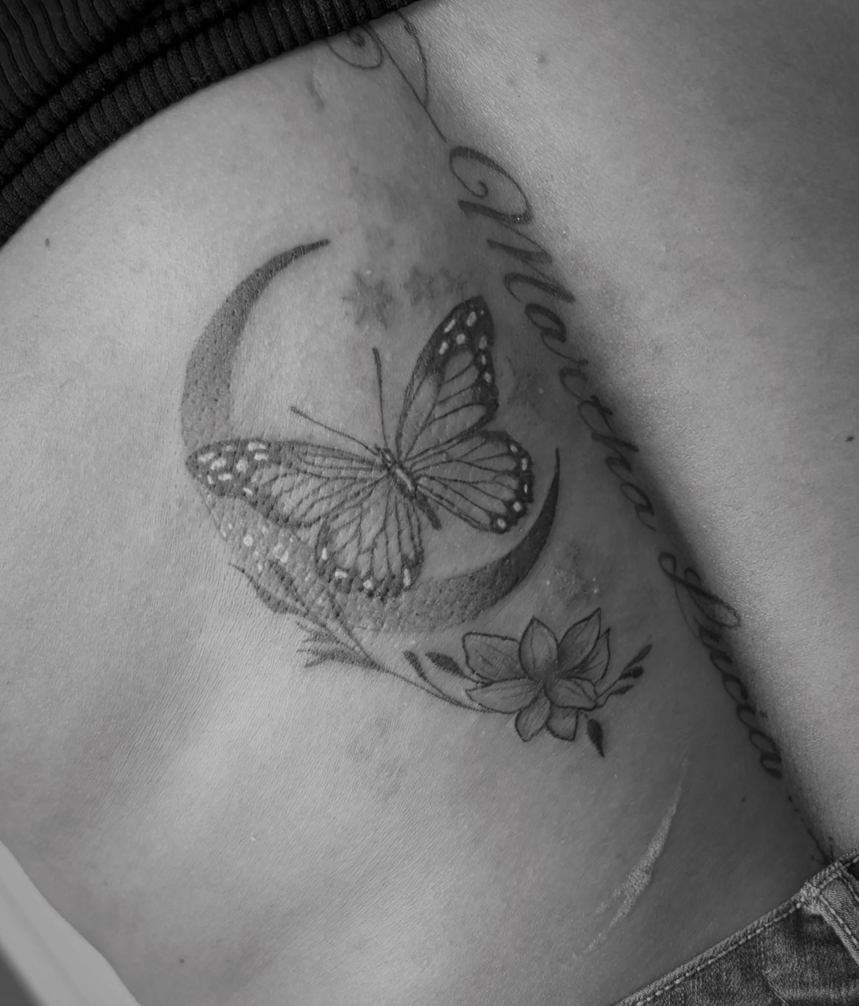 Butterfly and crescent moon realism tattoo by @secretlinetattoo