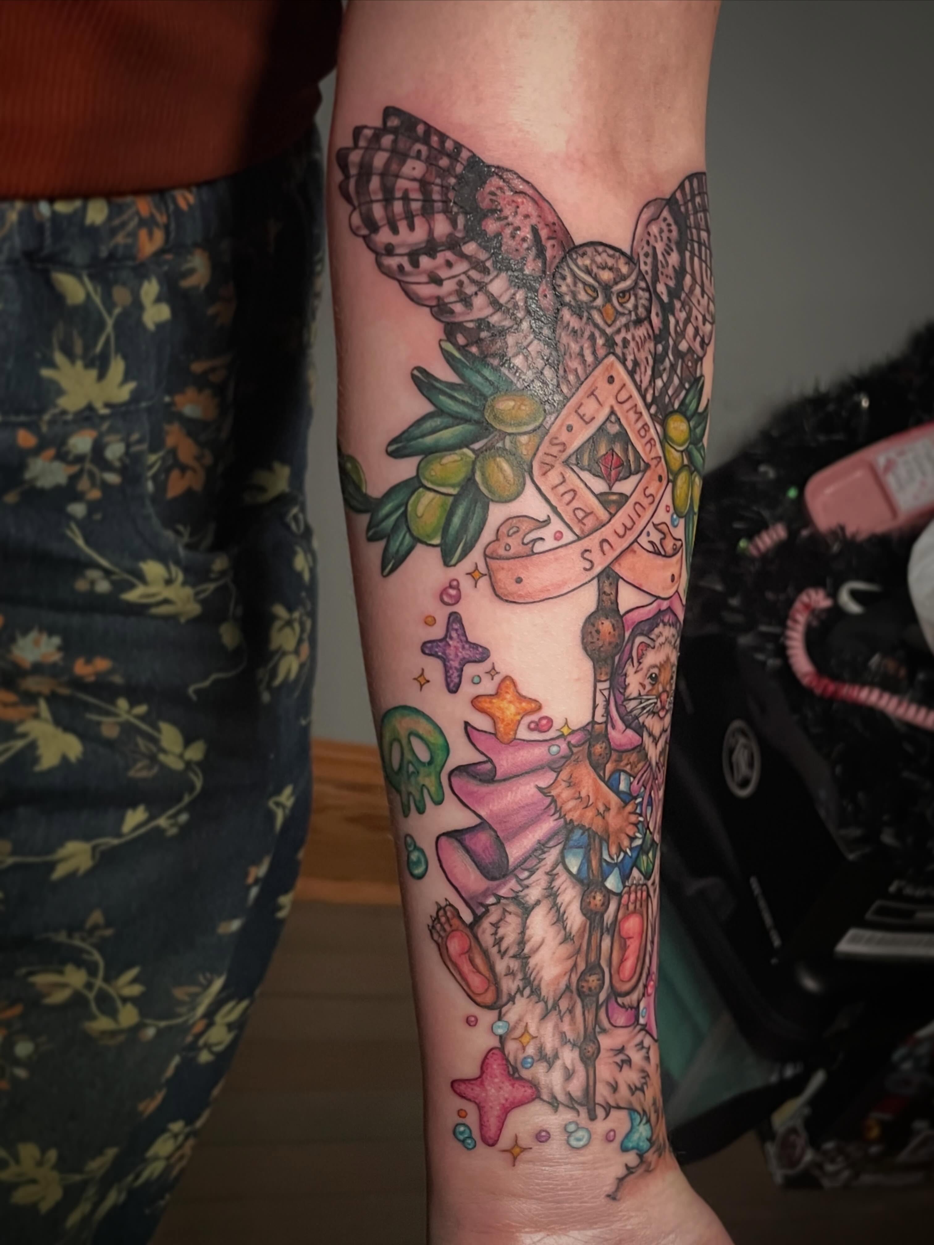 Owl and olive branch American traditional tattoo on the forearm by Hannah Copeskey