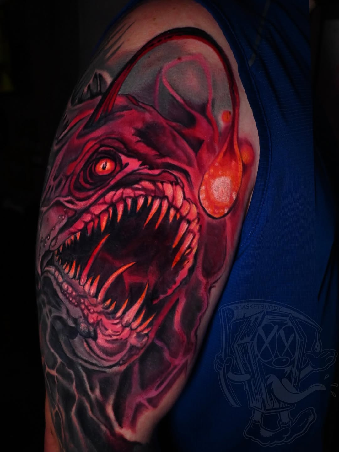 Anglerfish monster tattoo on the shoulder by William Pollock
