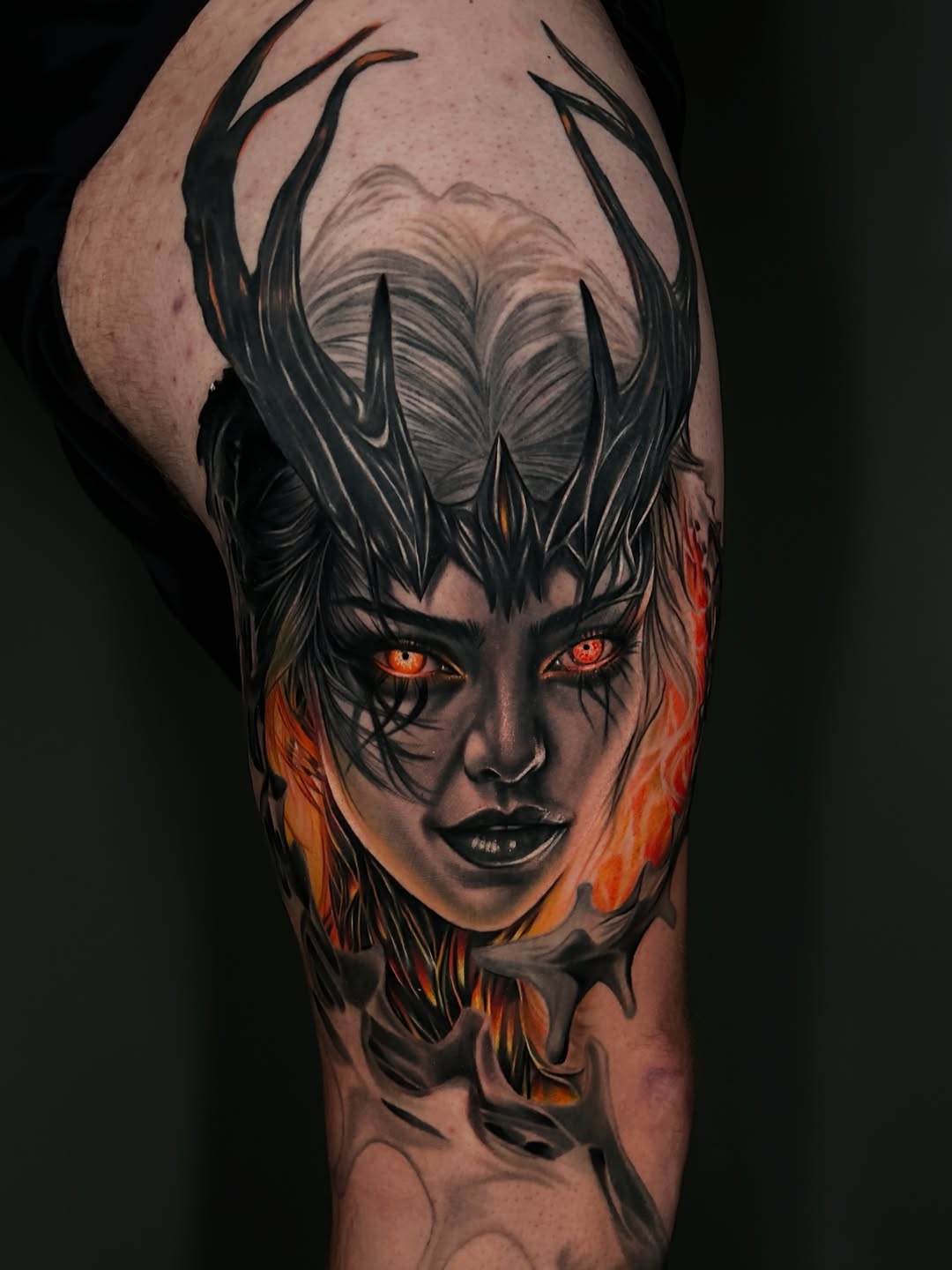 Demon queen portrait realism tattoo on the forearm by Dakota Case
