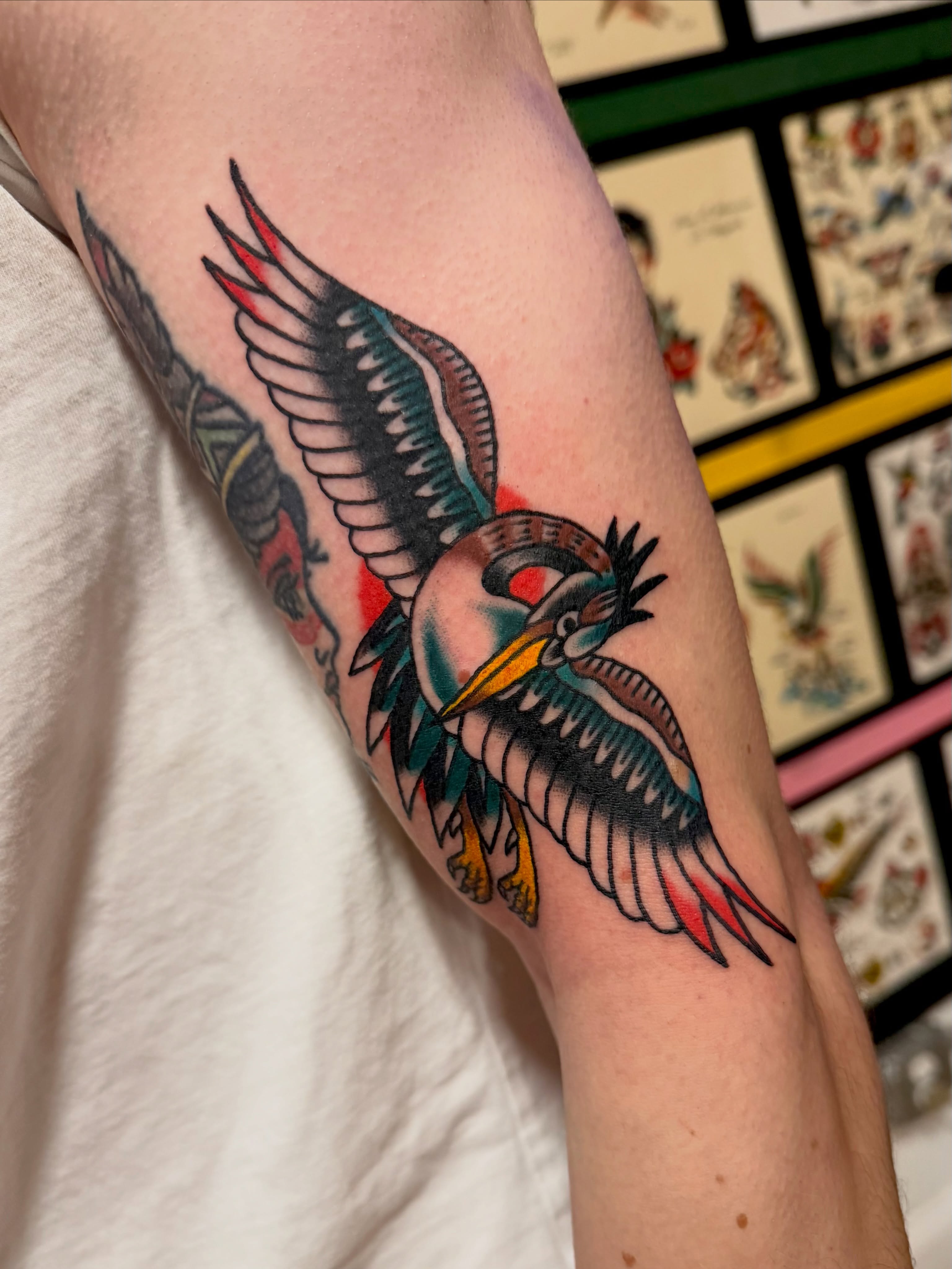 Heron American traditional tattoo on the forearm by Steven